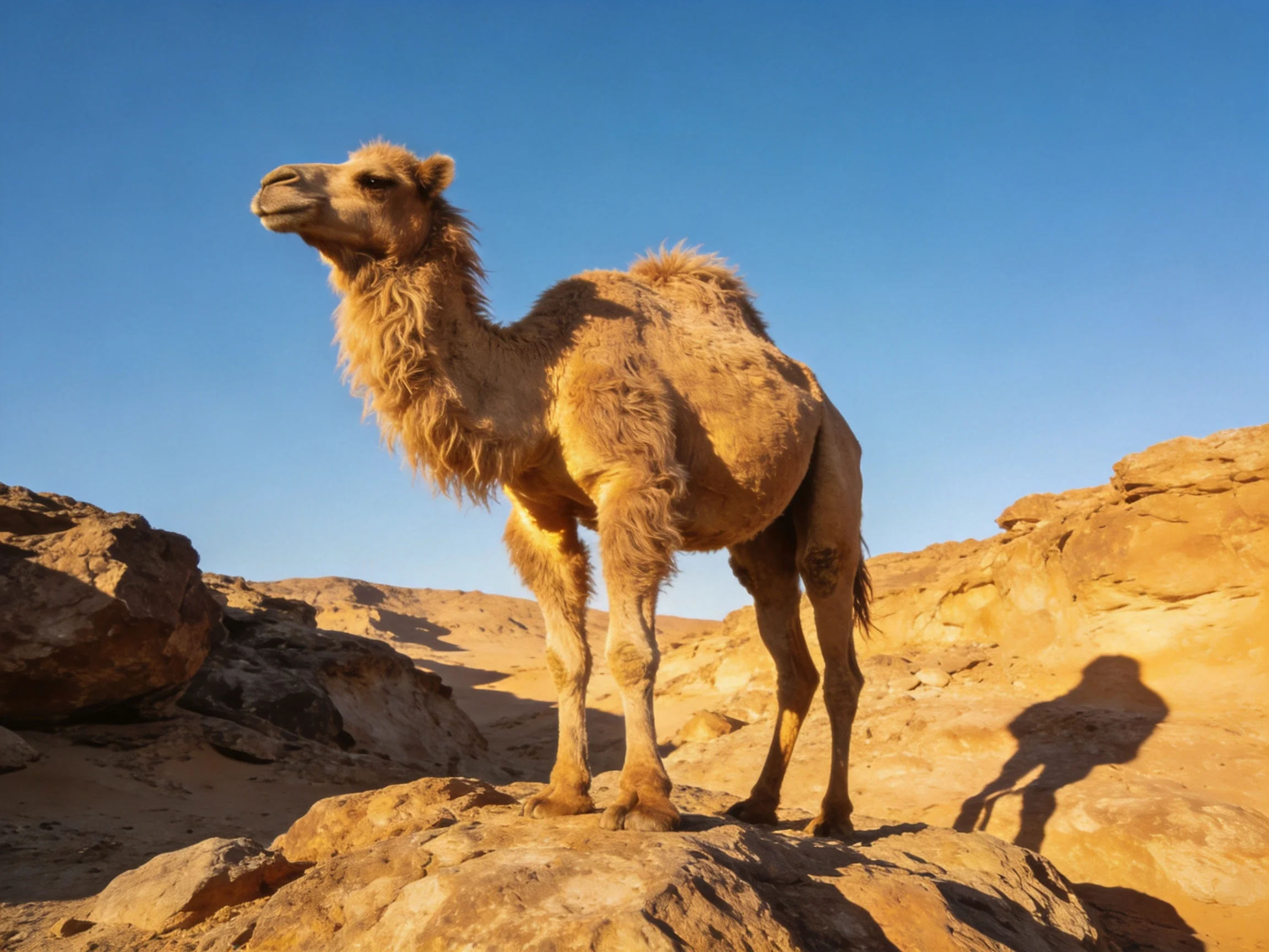A camel stands on rocky desert terrain under a clear blue sky