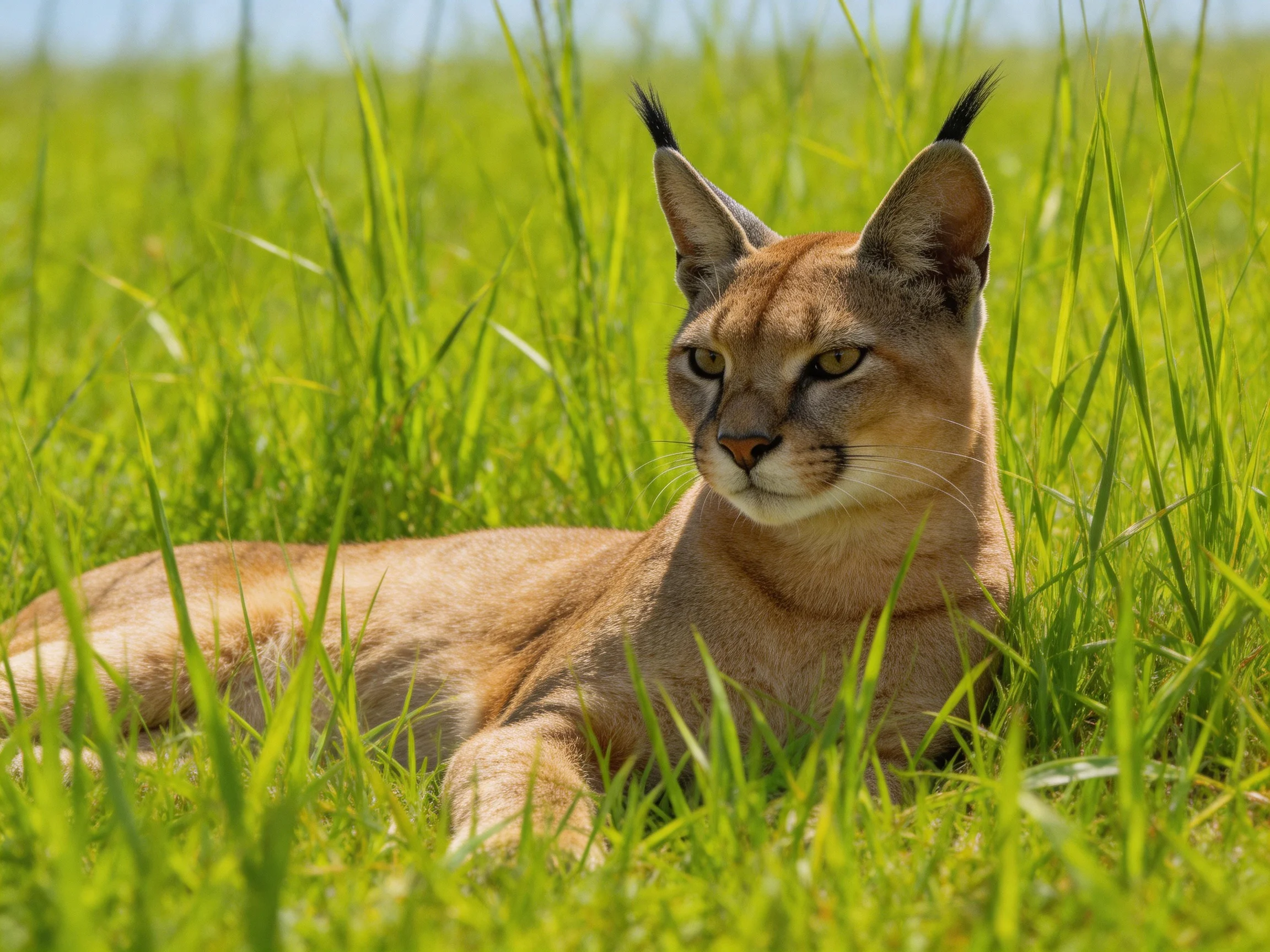 A caracal lies calmly in tall green grass within a sunlit meadow.