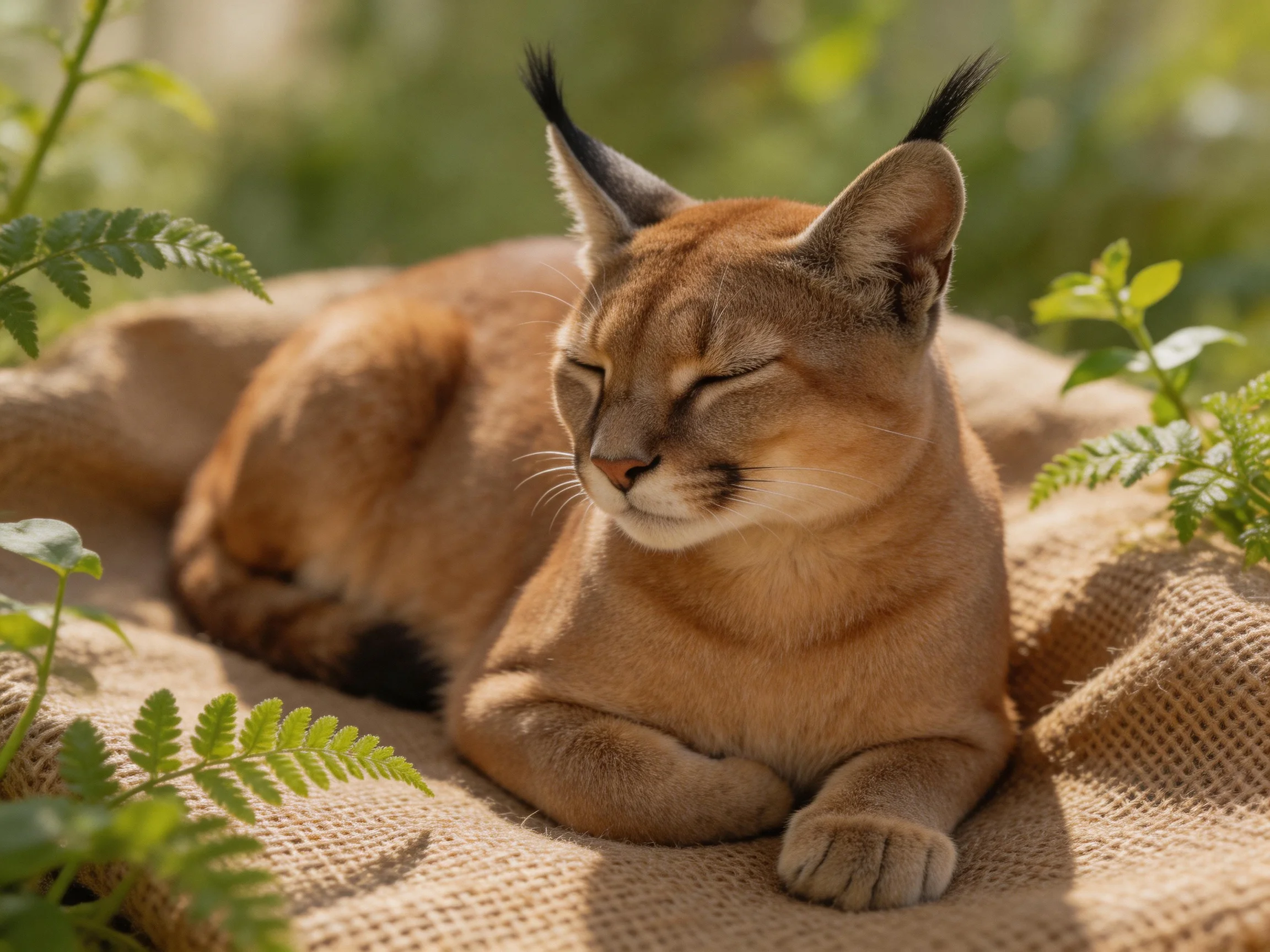 A caracal rests on a burlap cloth amid lush greenery