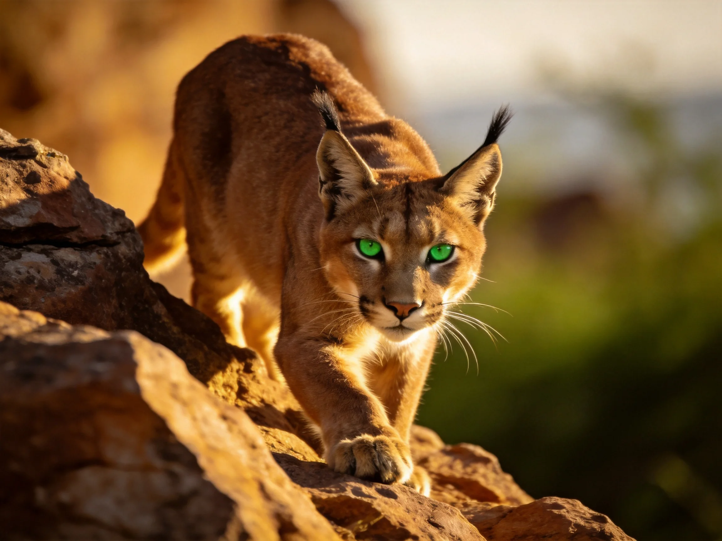 A caracal with bright green eyes navigates rugged reddish rocks