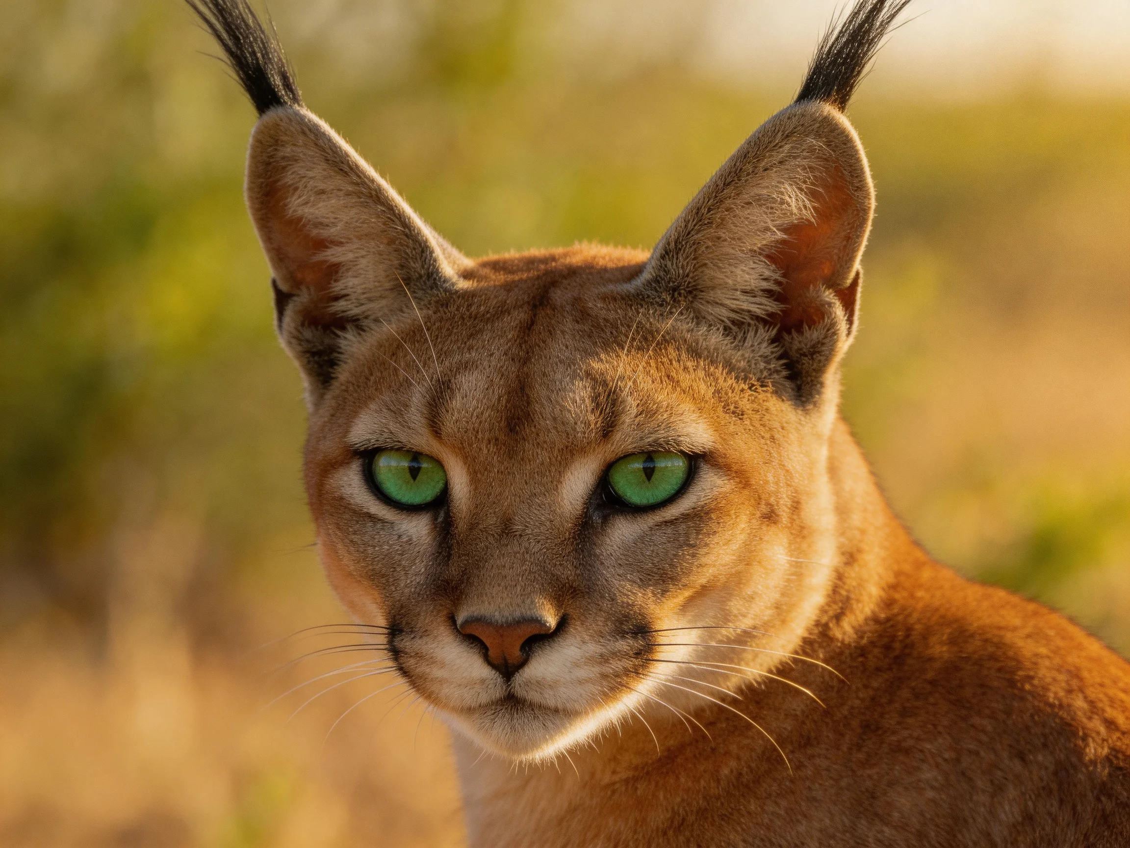 A caracal with striking green eyes is shown up close in a natural environment.