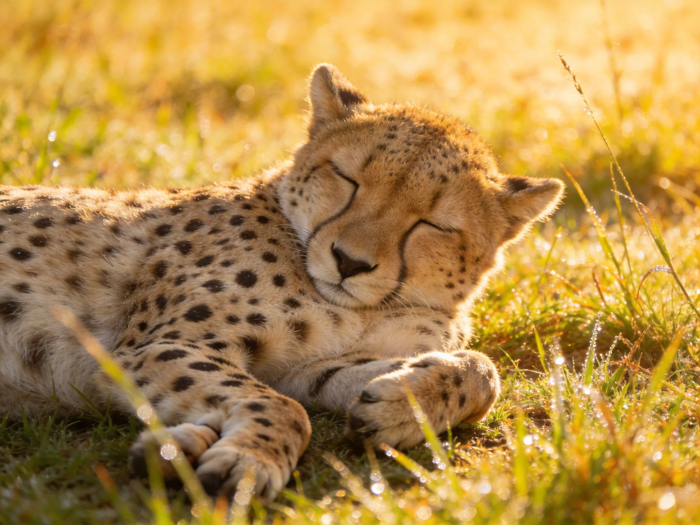 A cheetah cub napping in sun-drenched golden grass