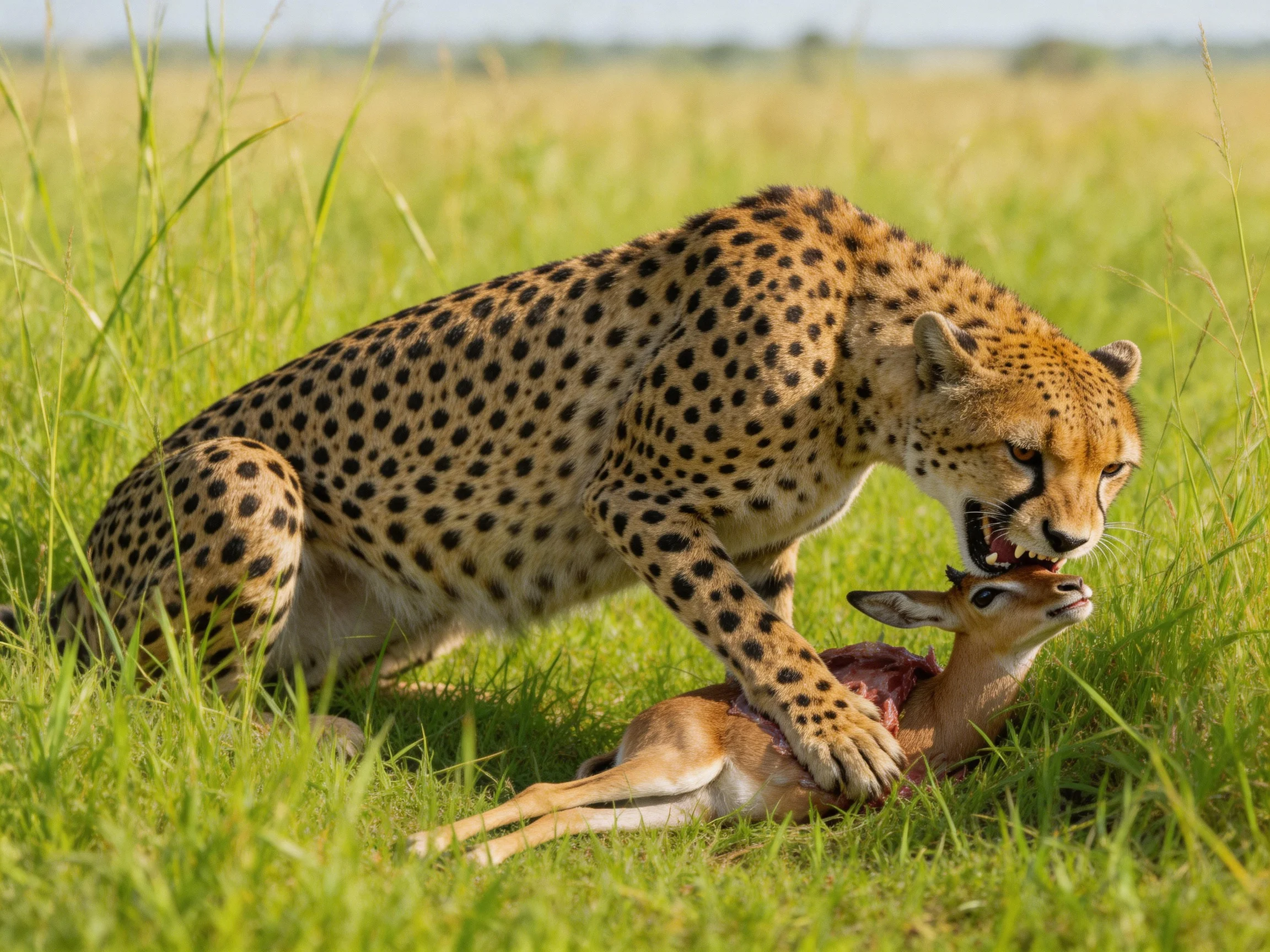 A cheetah feeding on a young antelope in a grassy savannah