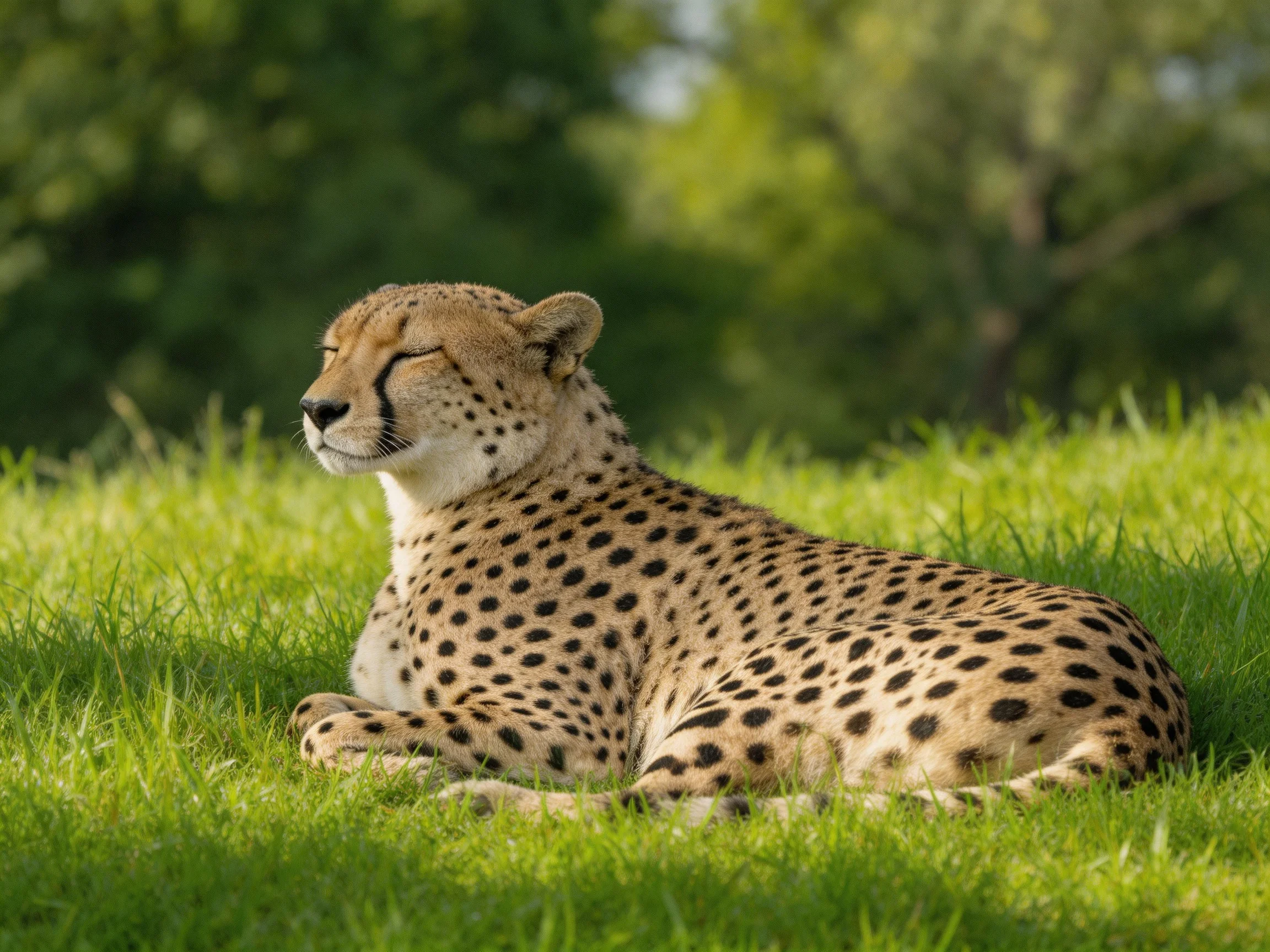 A cheetah rests on grass in a sunlit natural setting