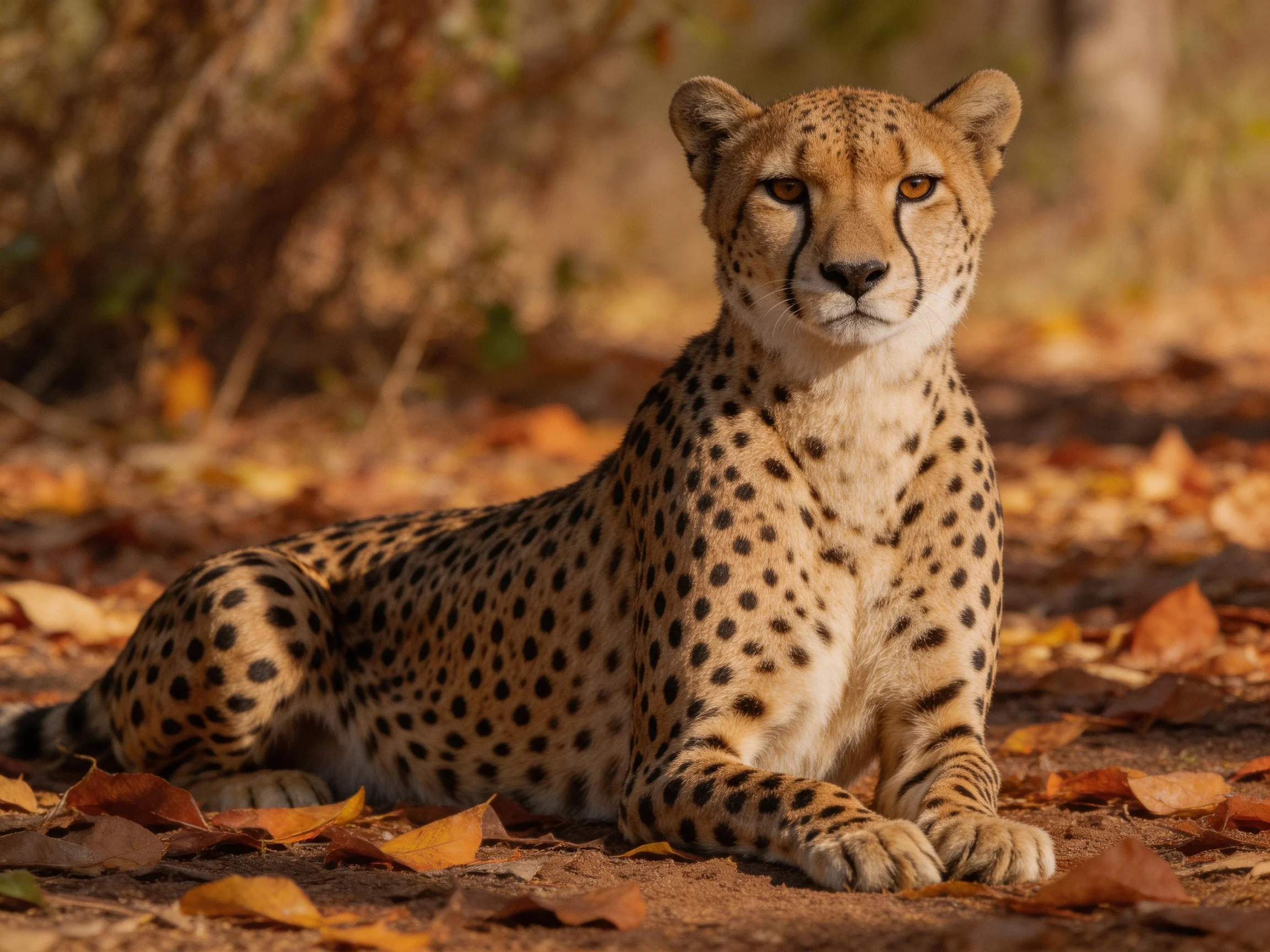 A cheetah rests amid autumn leaves in a sun-dappled forest clearing