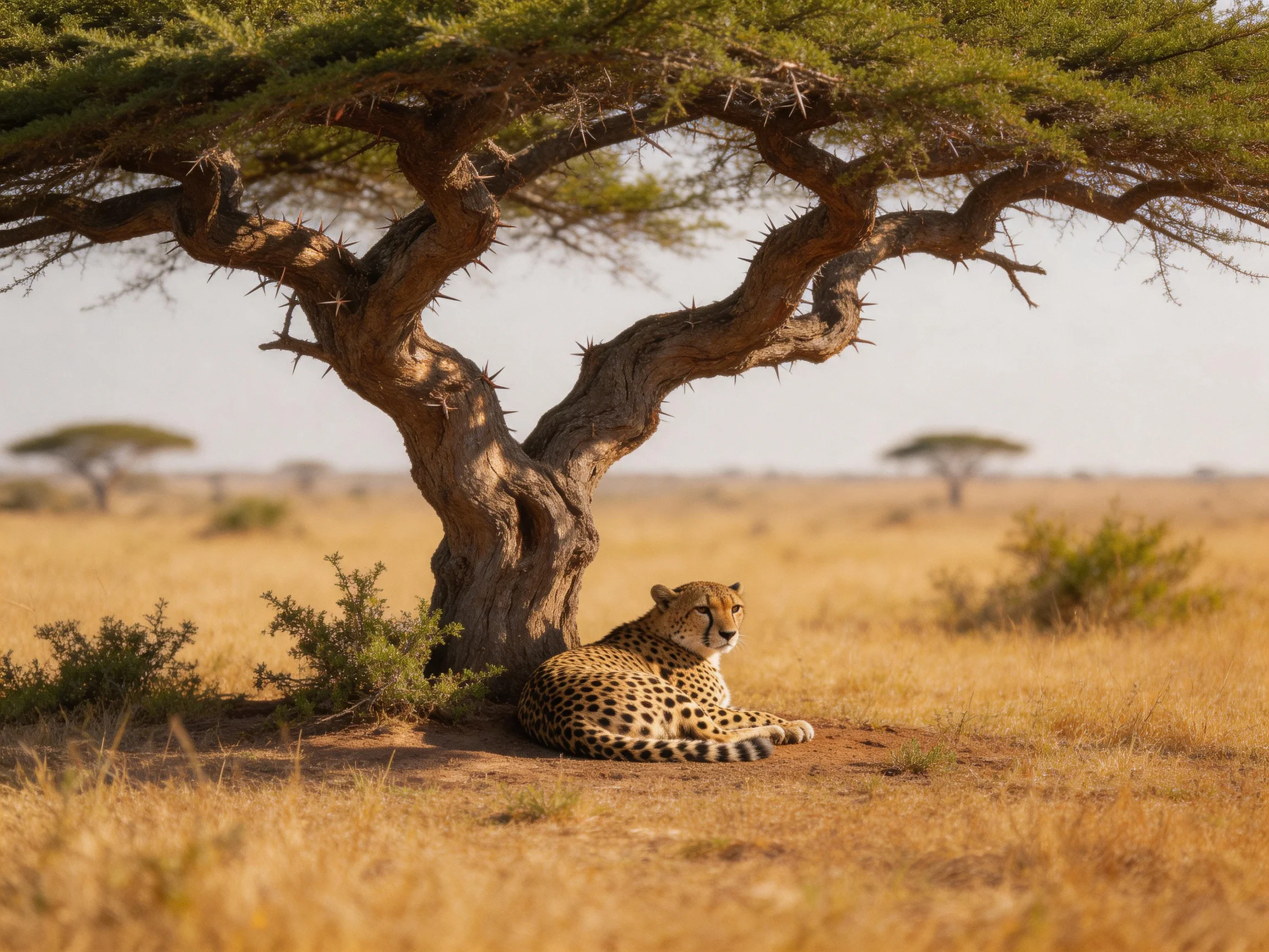 A cheetah rests beneath a gnarled acacia tree in golden savannah