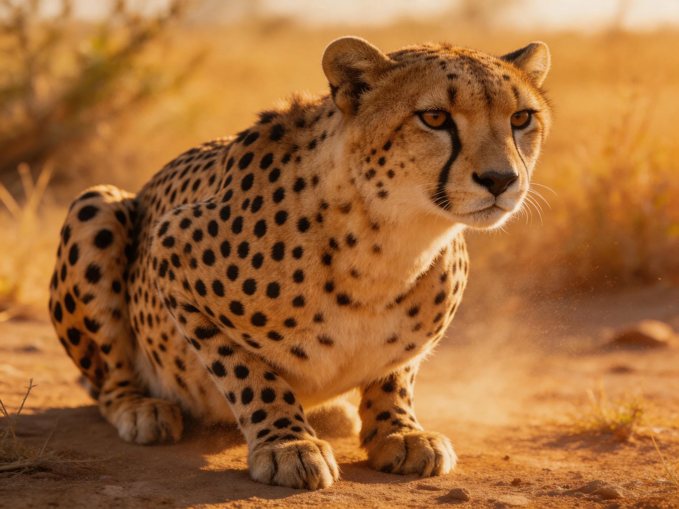 A cheetah rests in a sunlit savannah landscape
