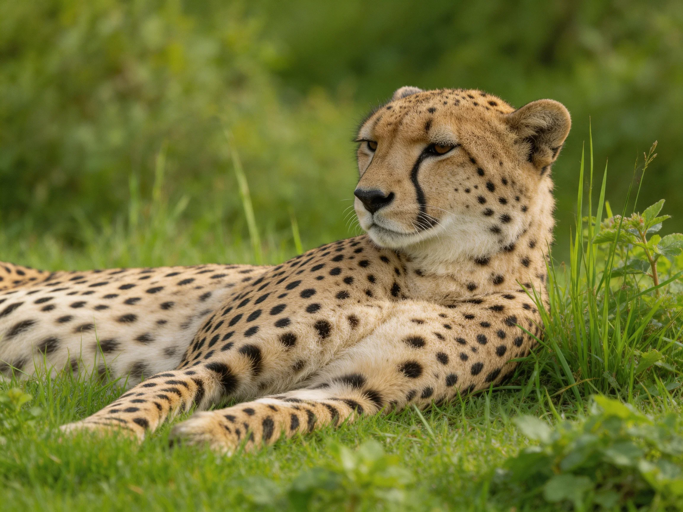 A cheetah rests in lush green grass with distinct black spots