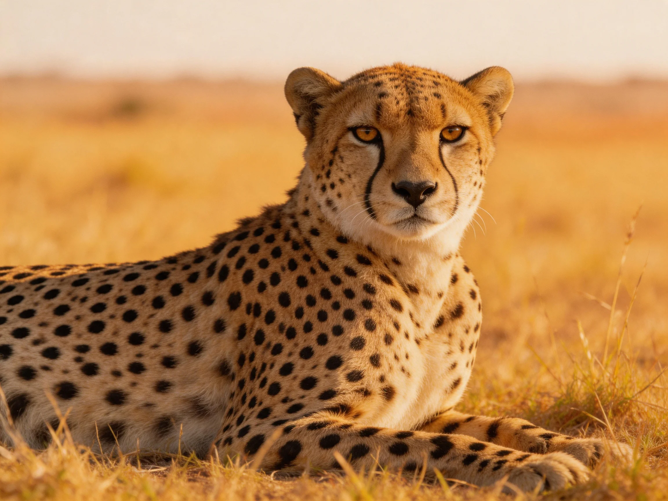 A cheetah sits calmly amid sunlit savannah grass.