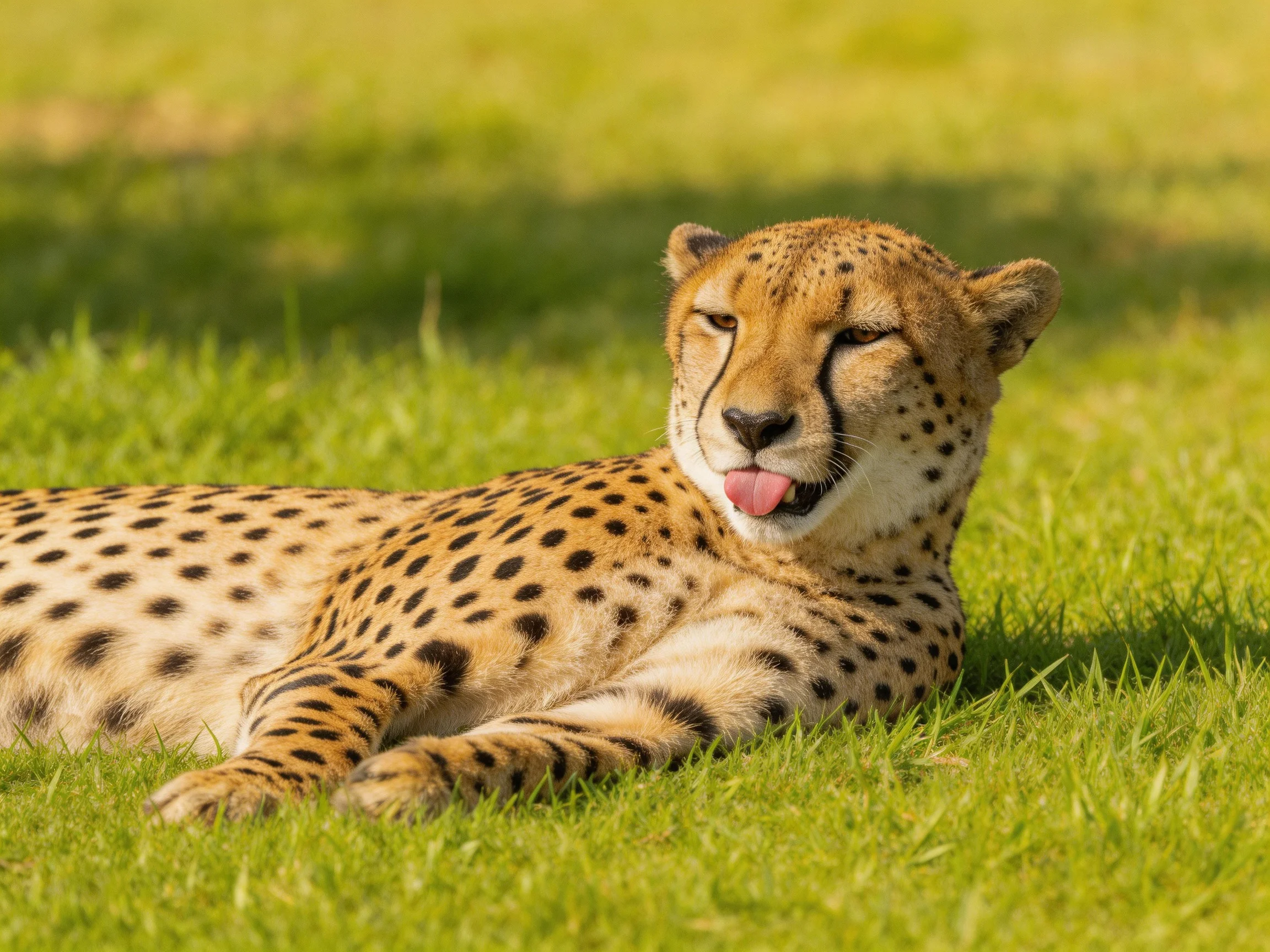 A cheetah rests on green grass with striking spotted patterns