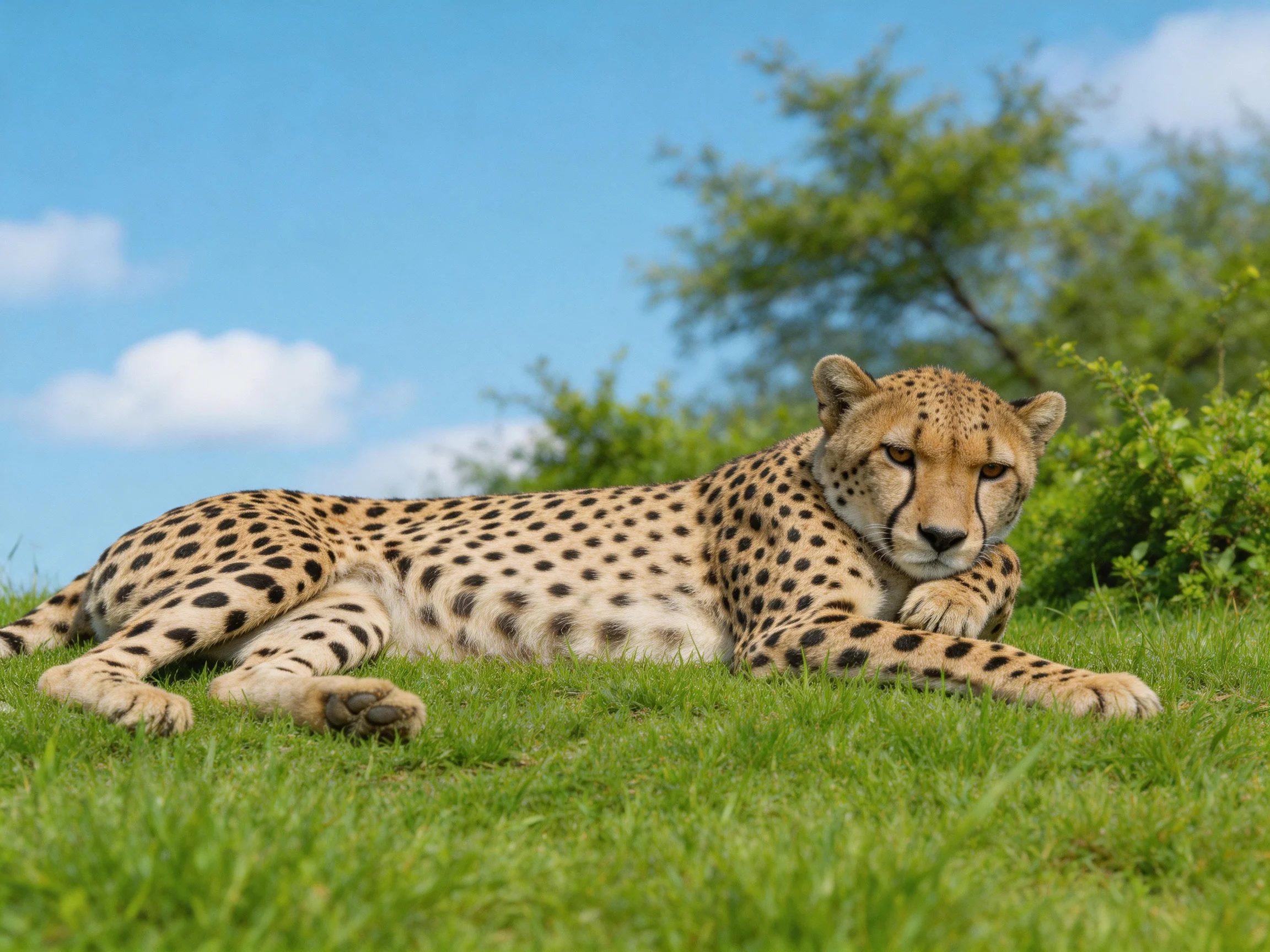 A cheetah rests on lush green grass beneath a bright blue sky