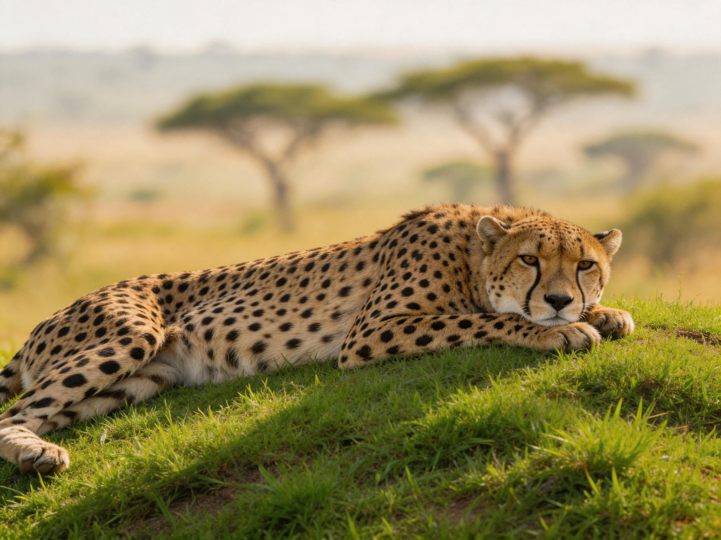 A cheetah rests on lush green grass in an African savannah