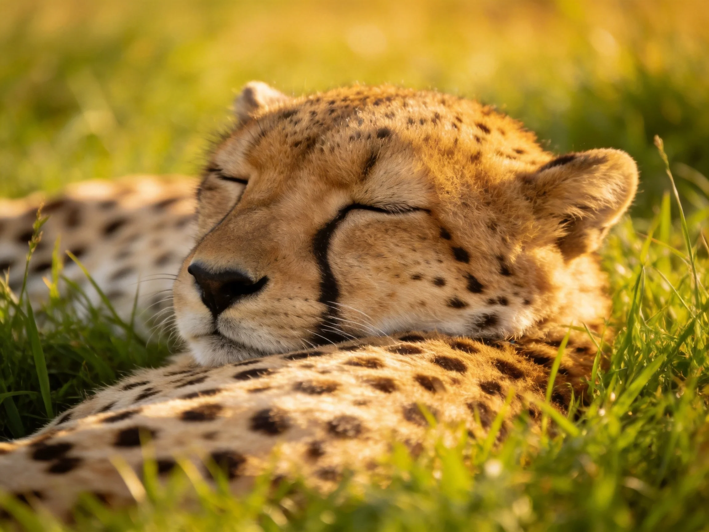 A cheetah rests serenely in lush green grass under golden sunlight