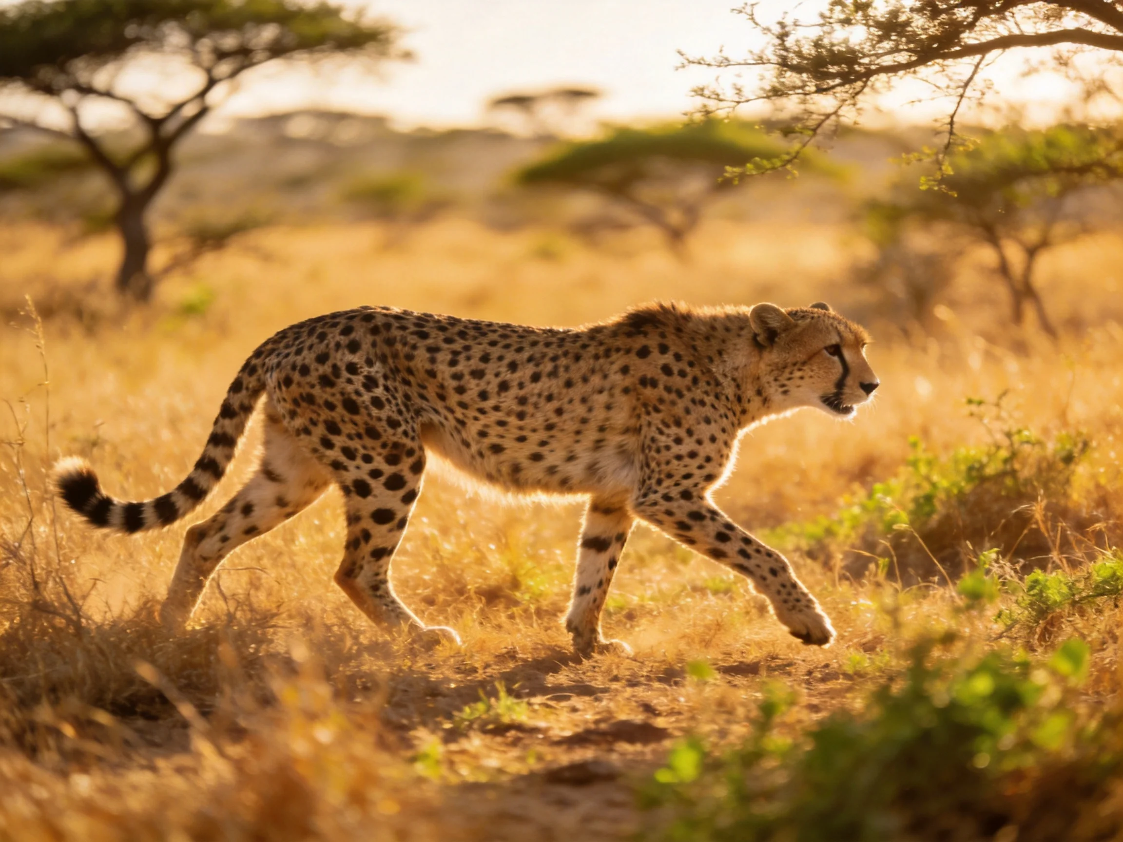 A cheetah roams golden savannah near acacia trees