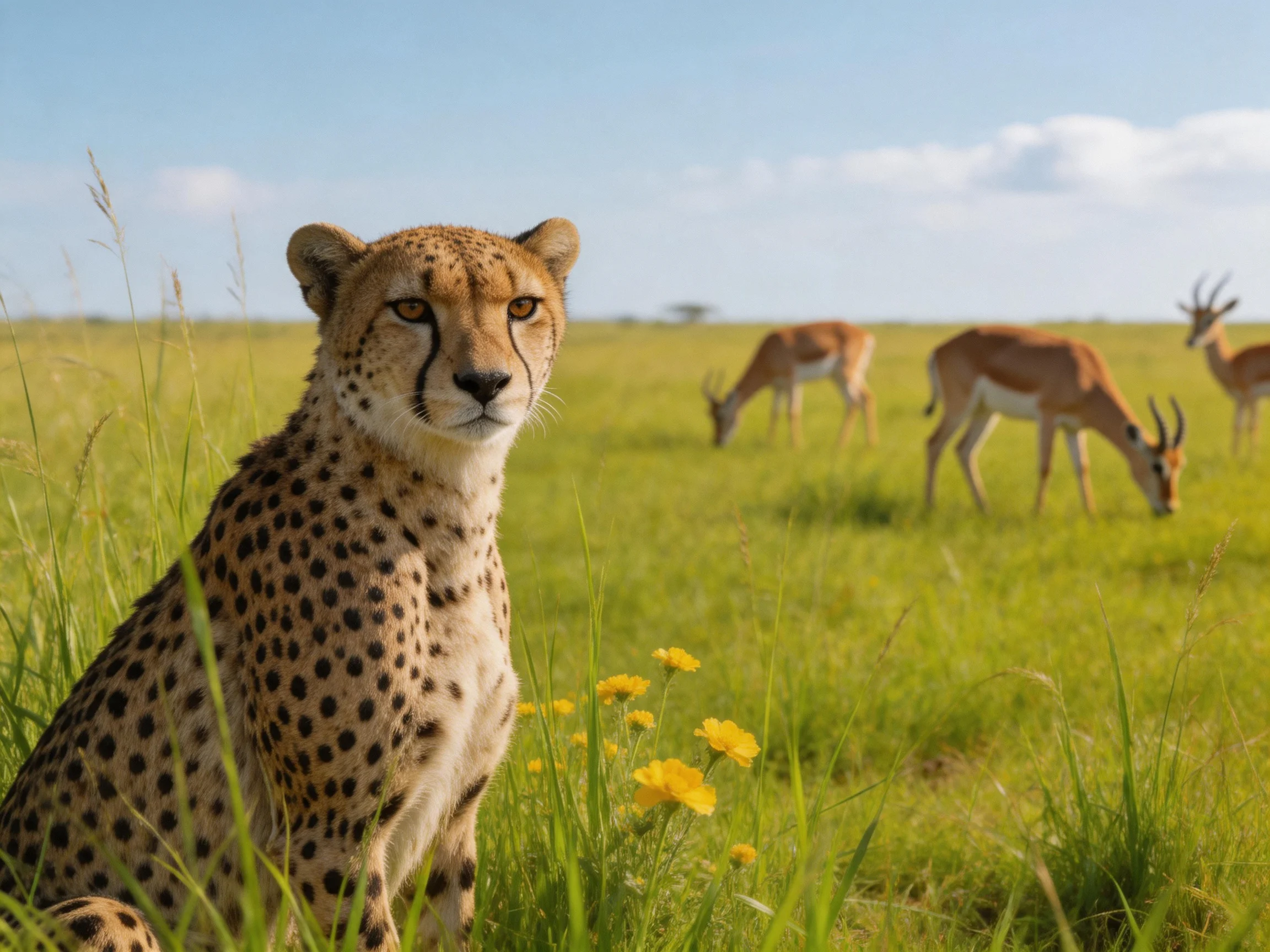 A cheetah sits near yellow blooms with three grazing antelopes
