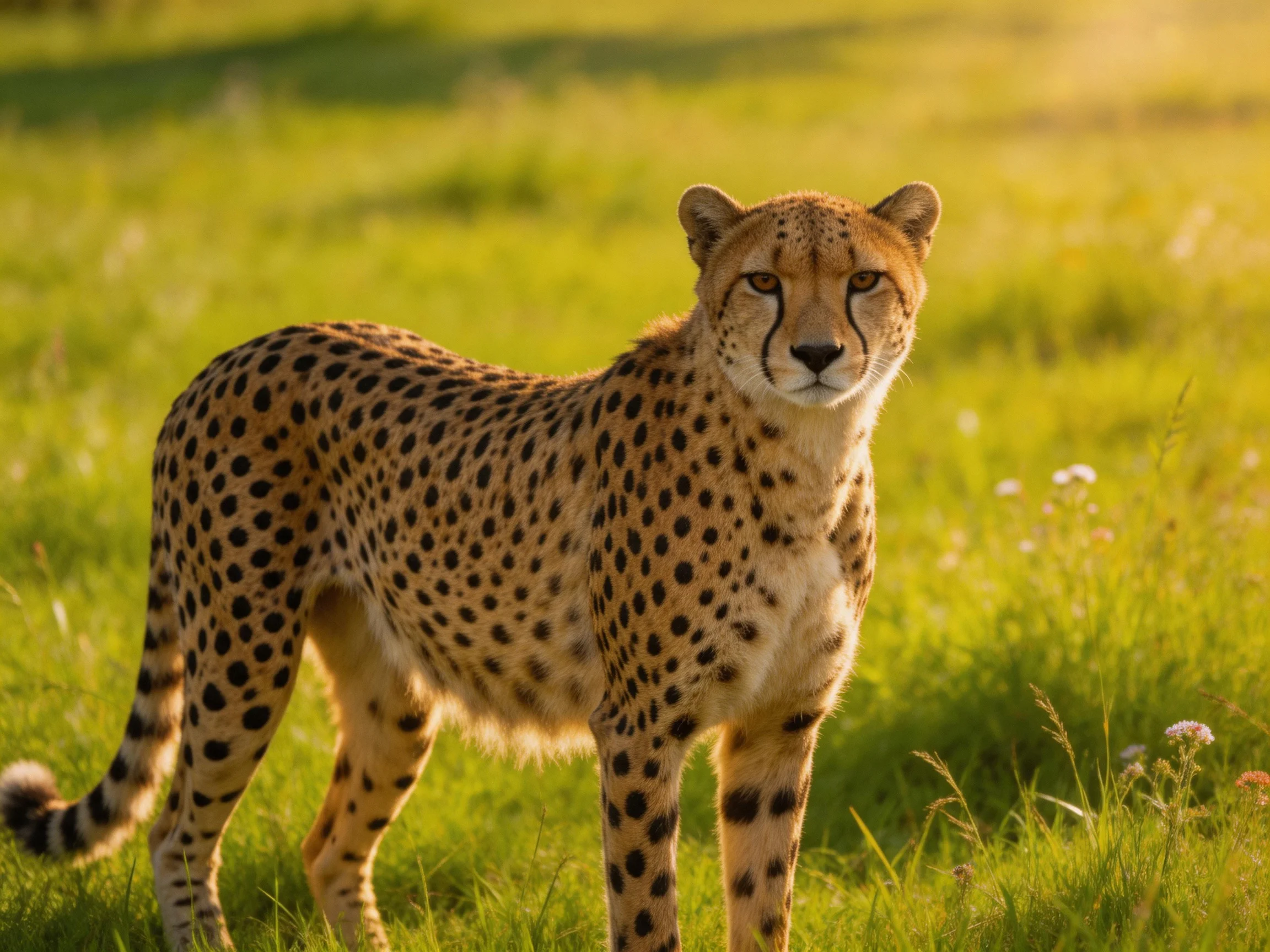 A cheetah stands alert in a sun-drenched green meadow