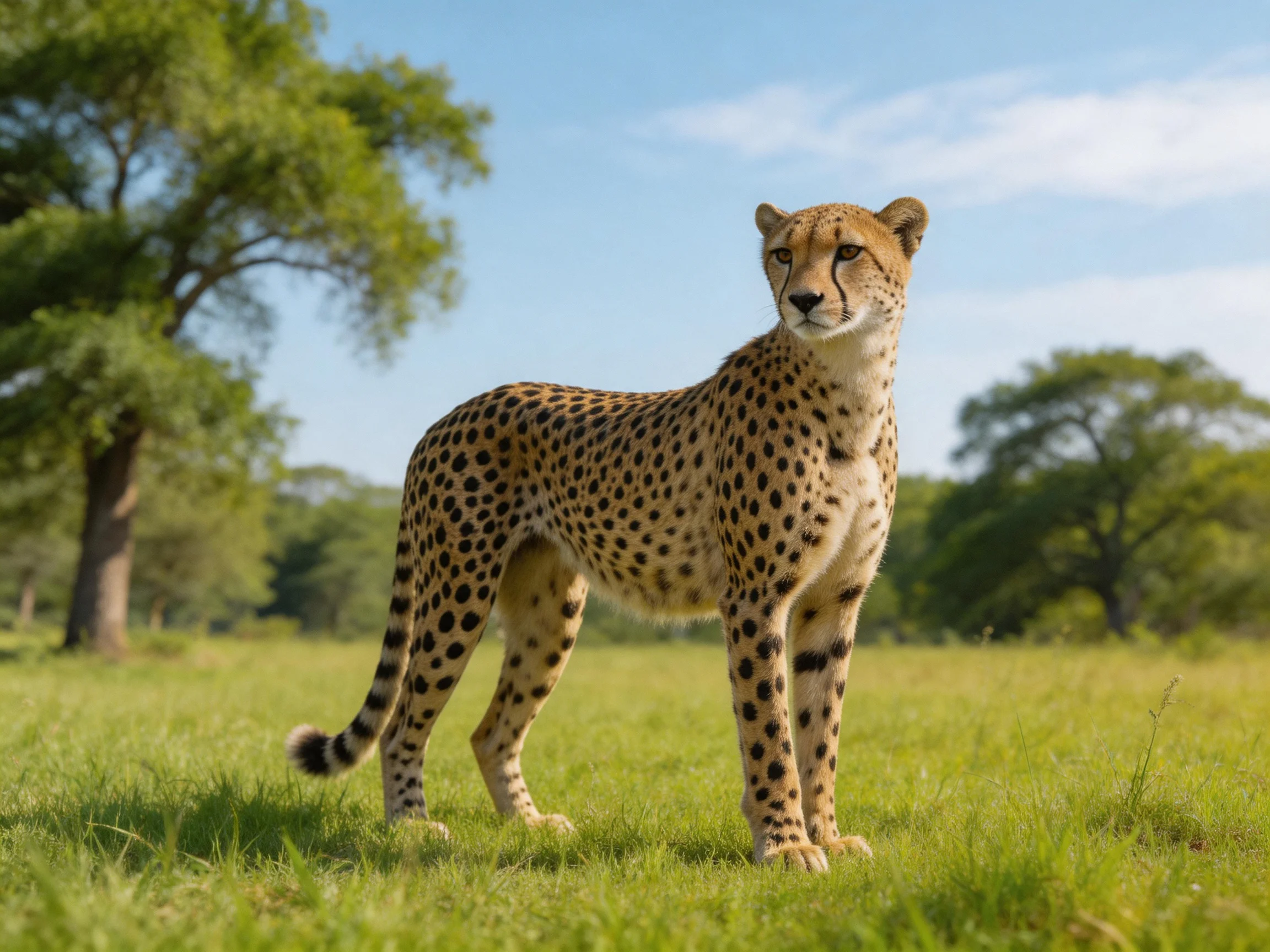 A cheetah stands alert in a sunlit savannah with tall grass and trees