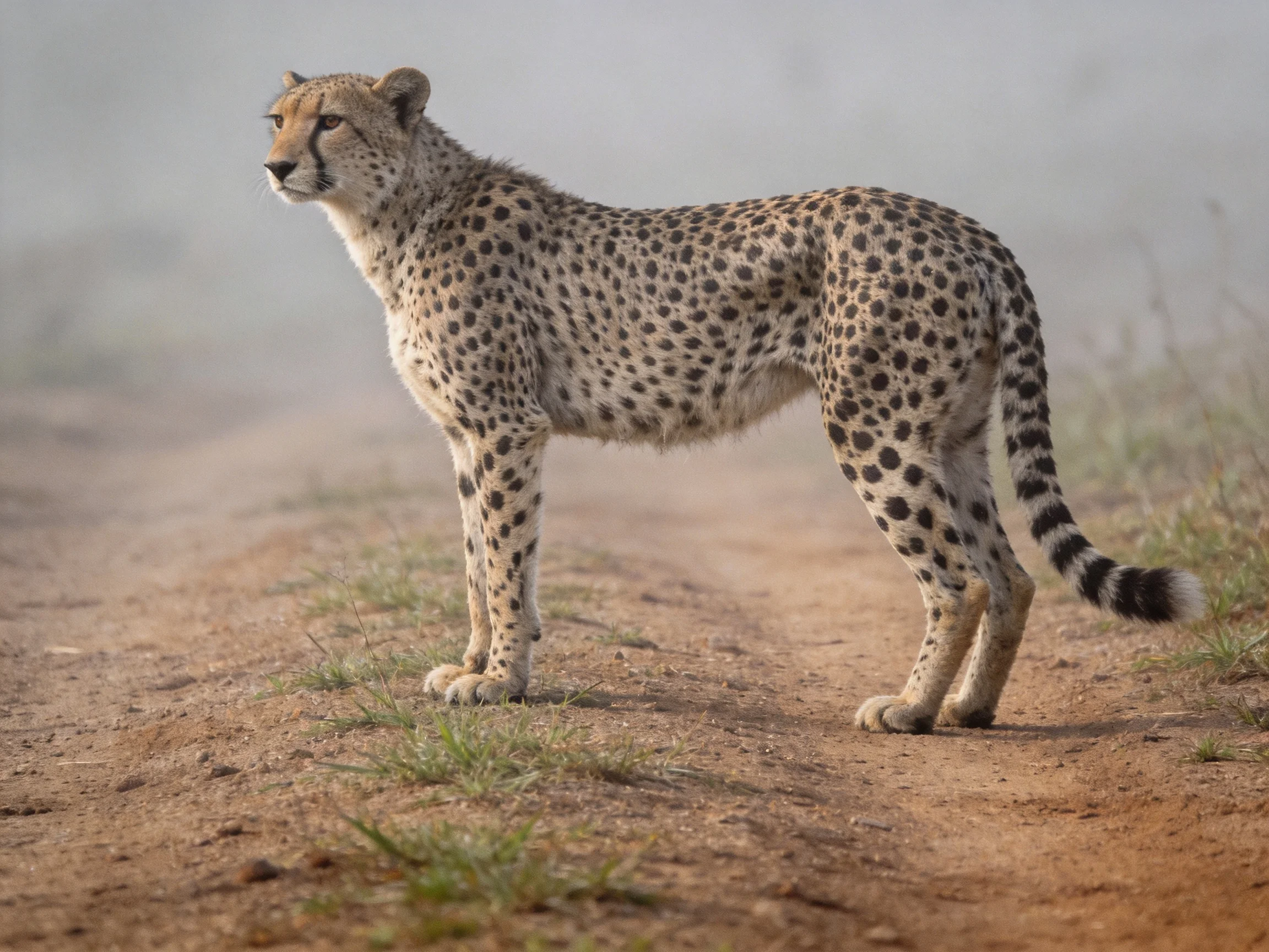 A cheetah stands alert on a dusty savannah path