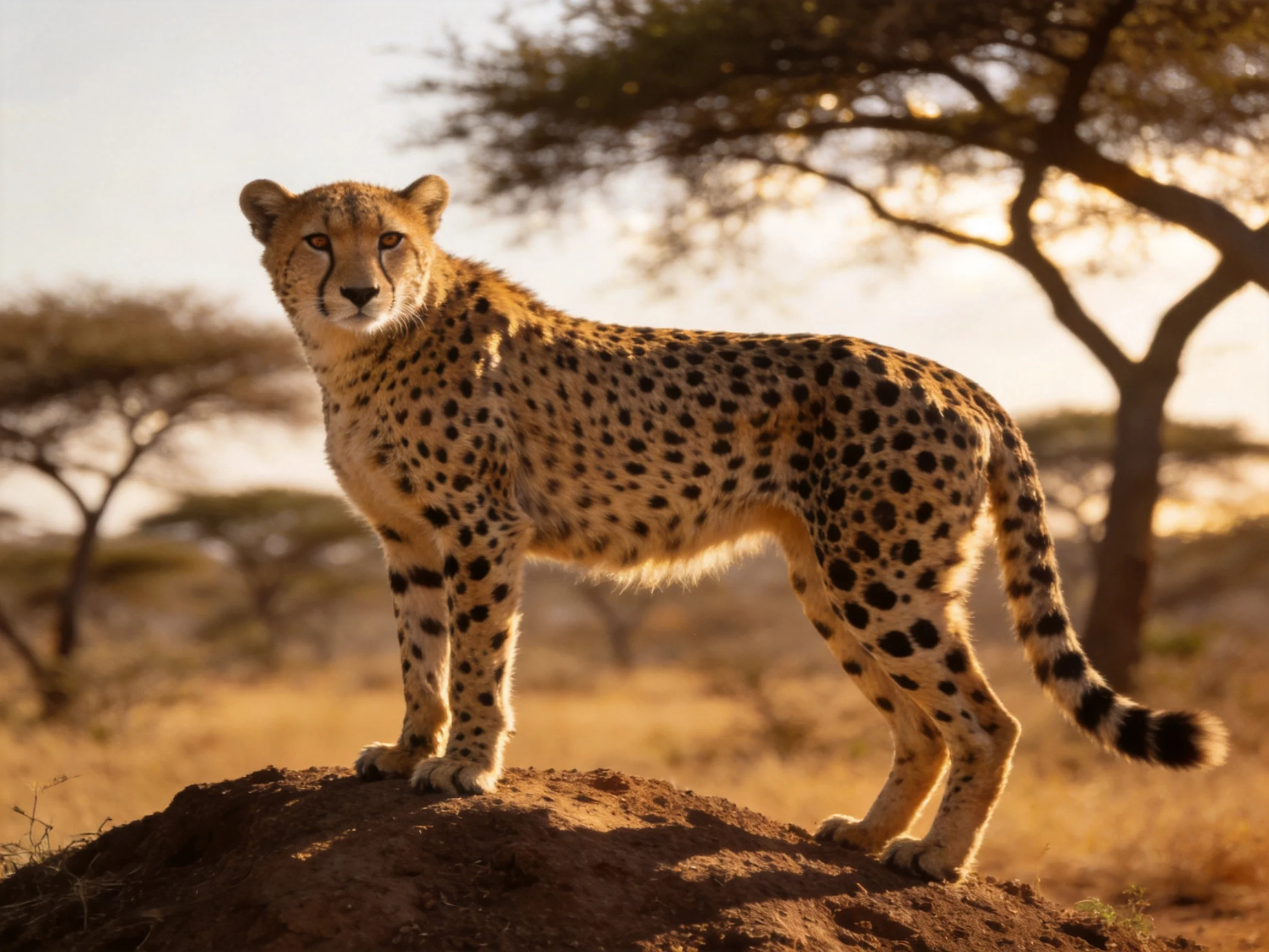 A cheetah stands alert on a mound in golden savannah