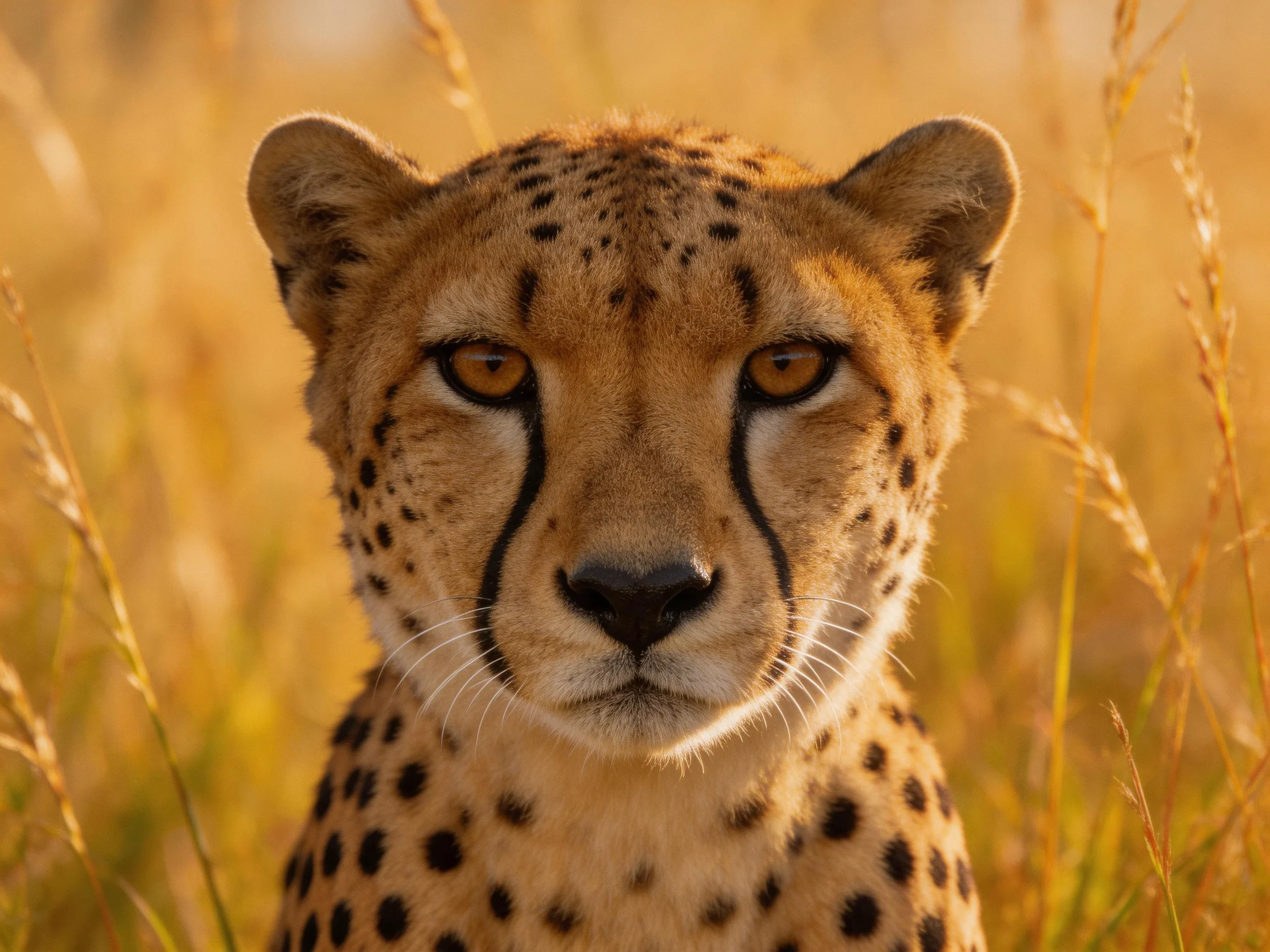A cheetah with black spots in golden savannah grass