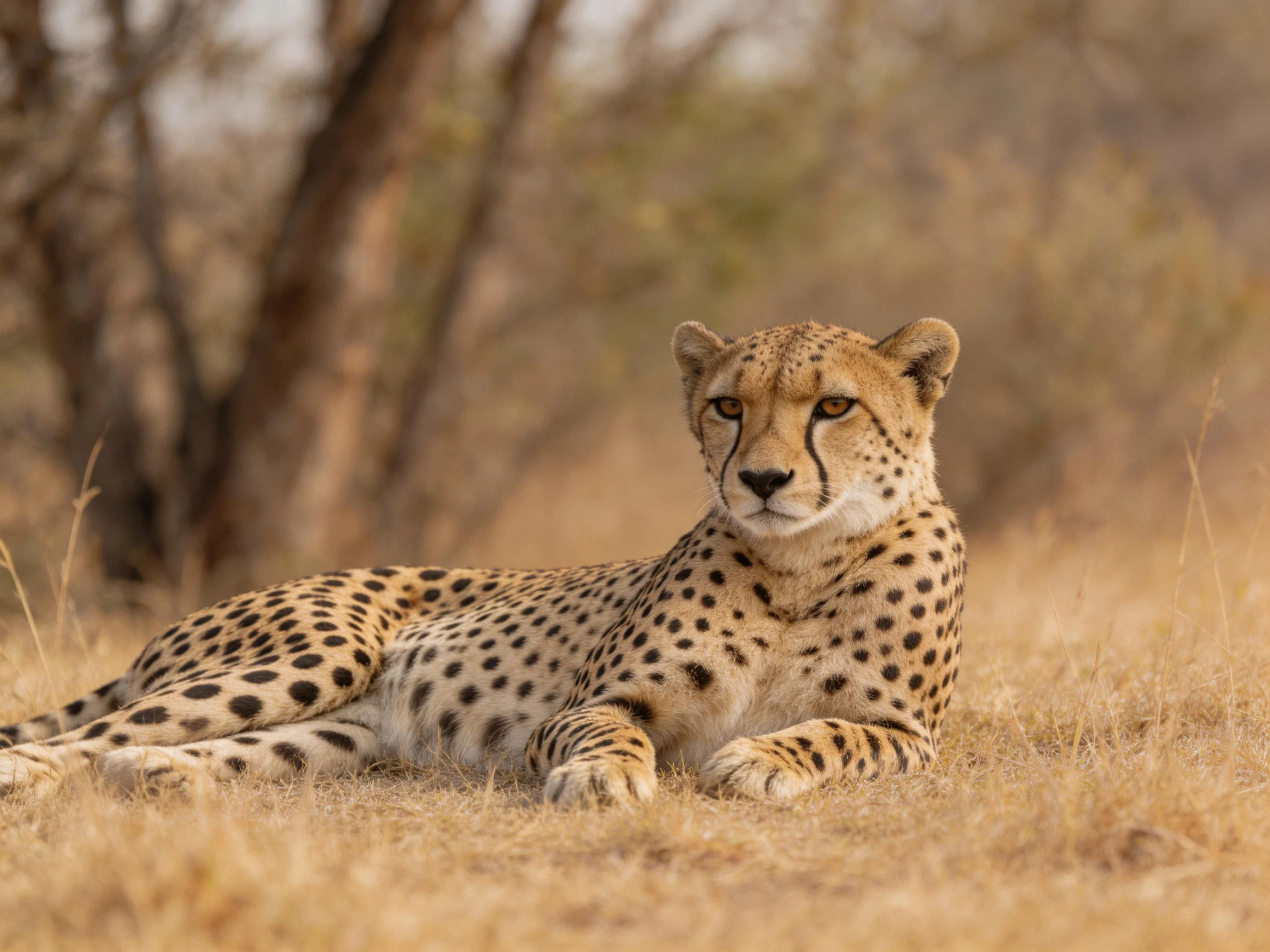 A cheetah with black spots rests on dry, golden grass near trees