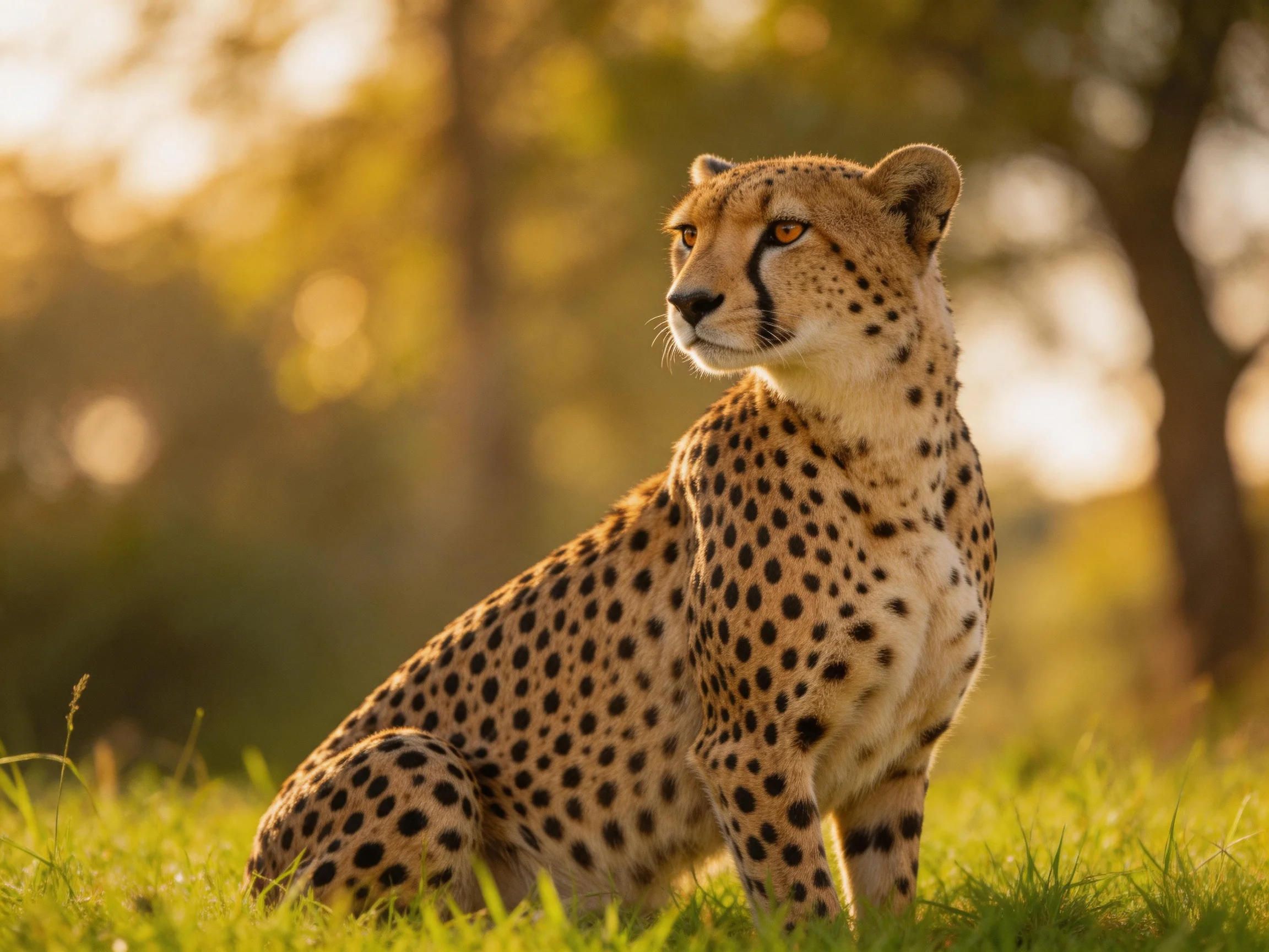 A cheetah with black spots sits in golden grass near trees