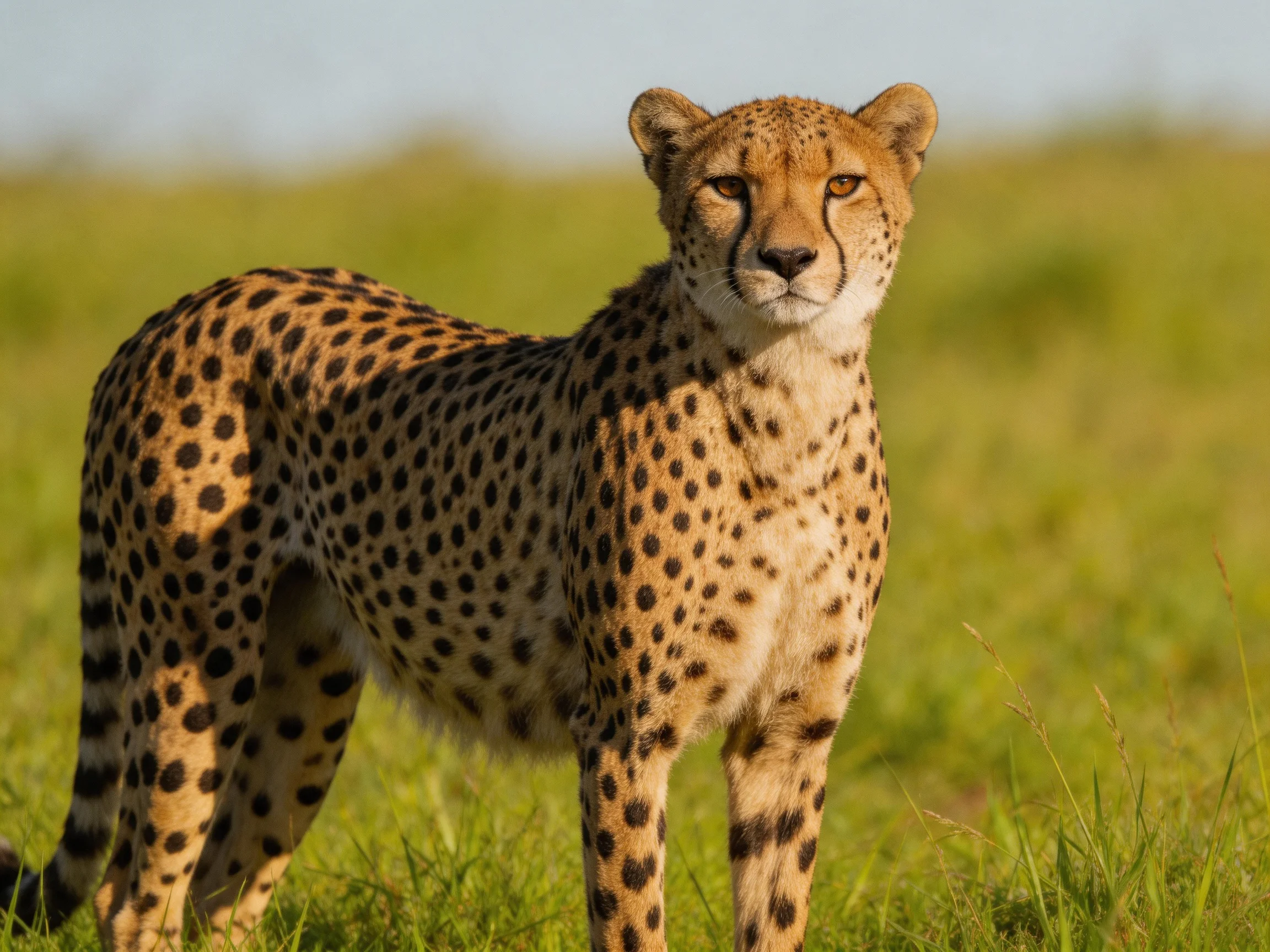 A cheetah with black spots stands in lush green grass