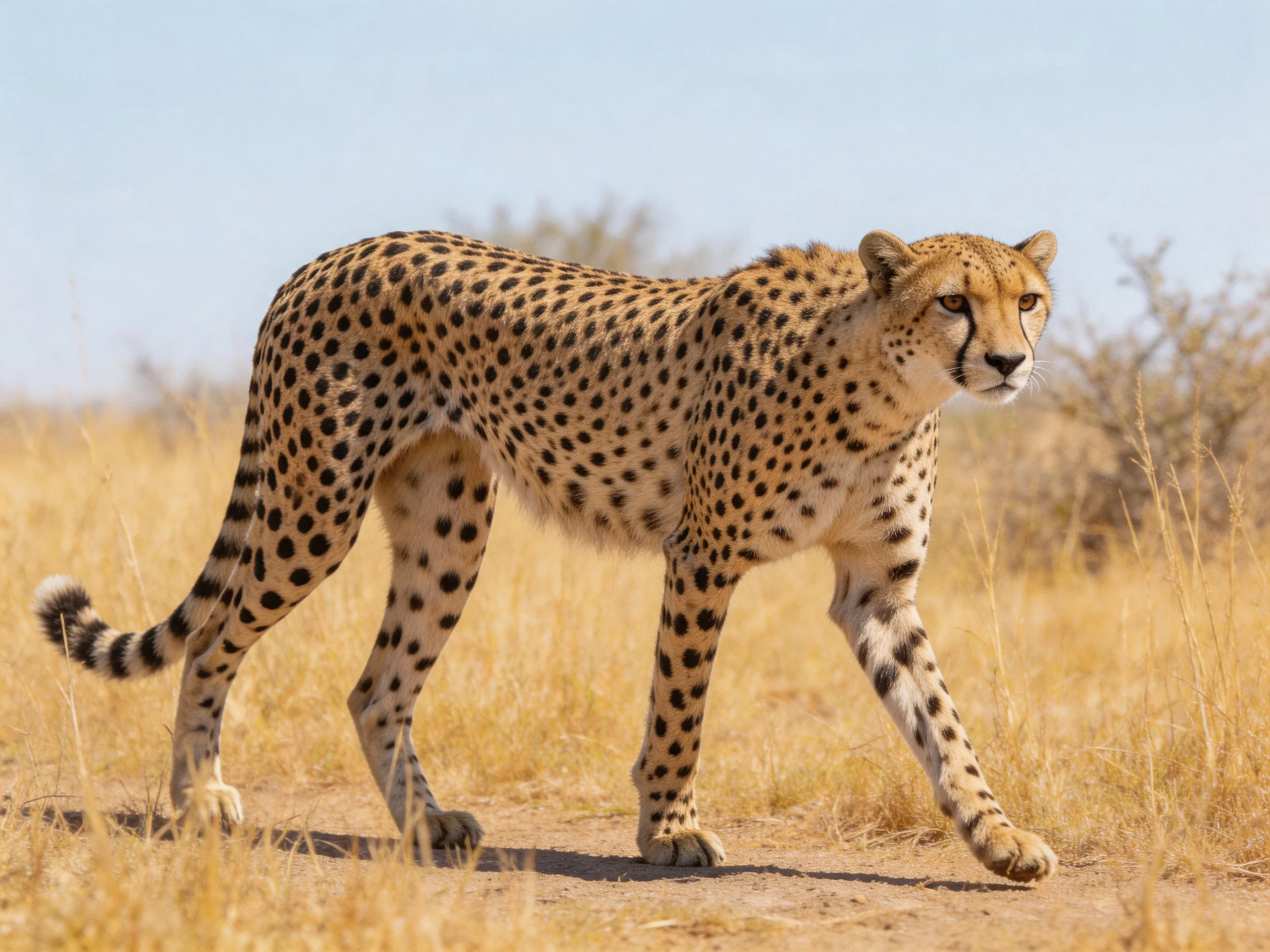 A cheetah with black spots walks through golden savannah grass