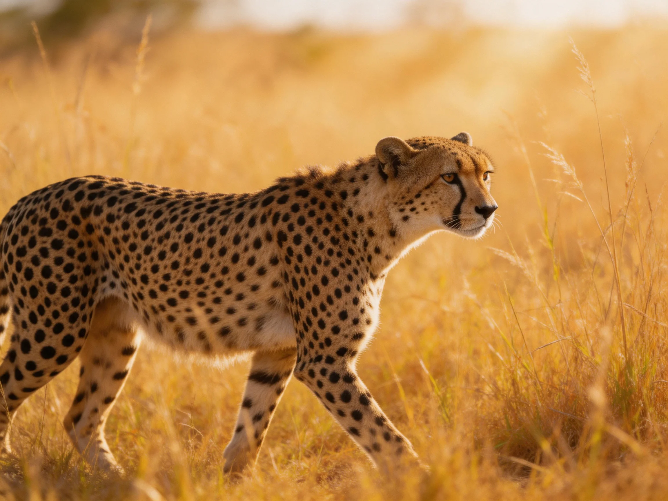A cheetah with black-spotted coat roams golden savannah grasslands