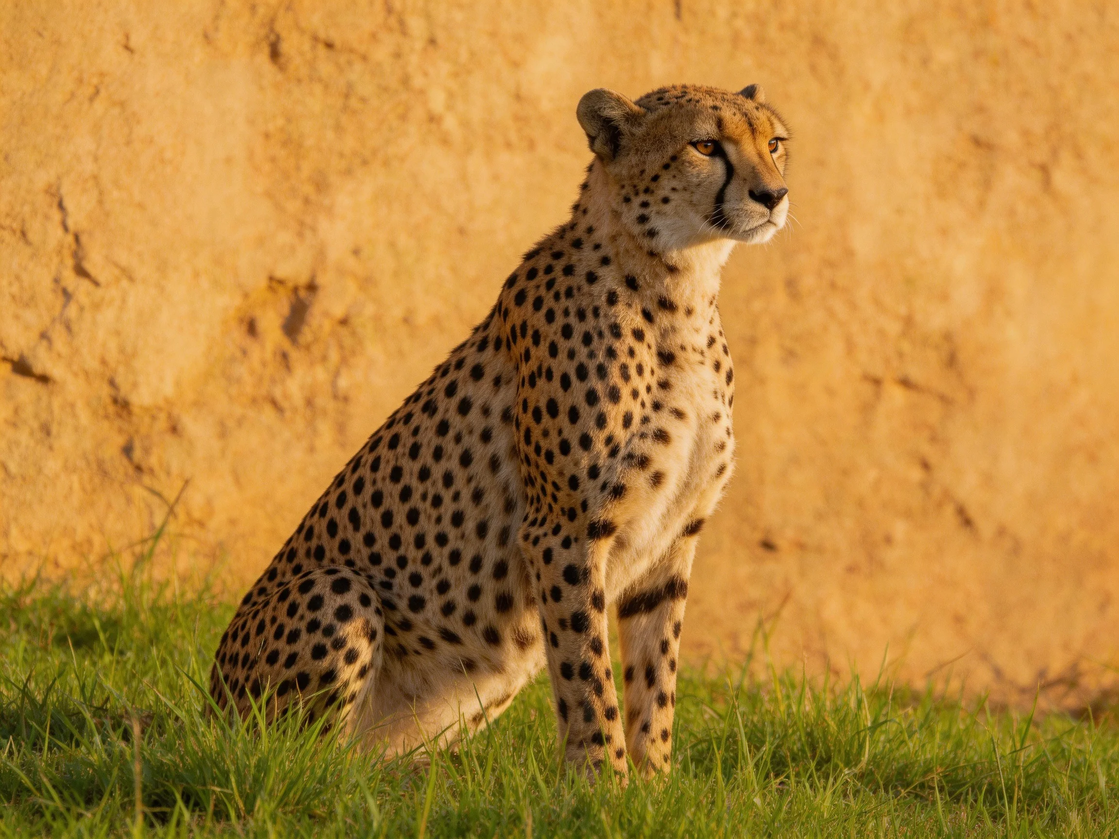 A cheetah with black-spotted fur sits on green grass near a tan wall