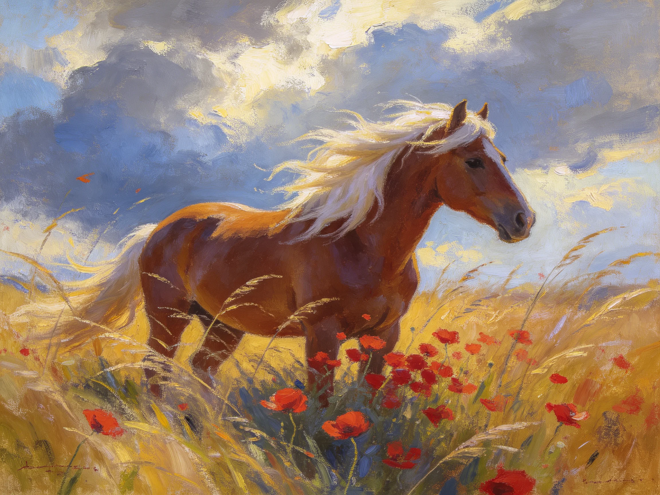A chestnut horse stands in a field of golden grass and poppies beneath a cloudy sky.