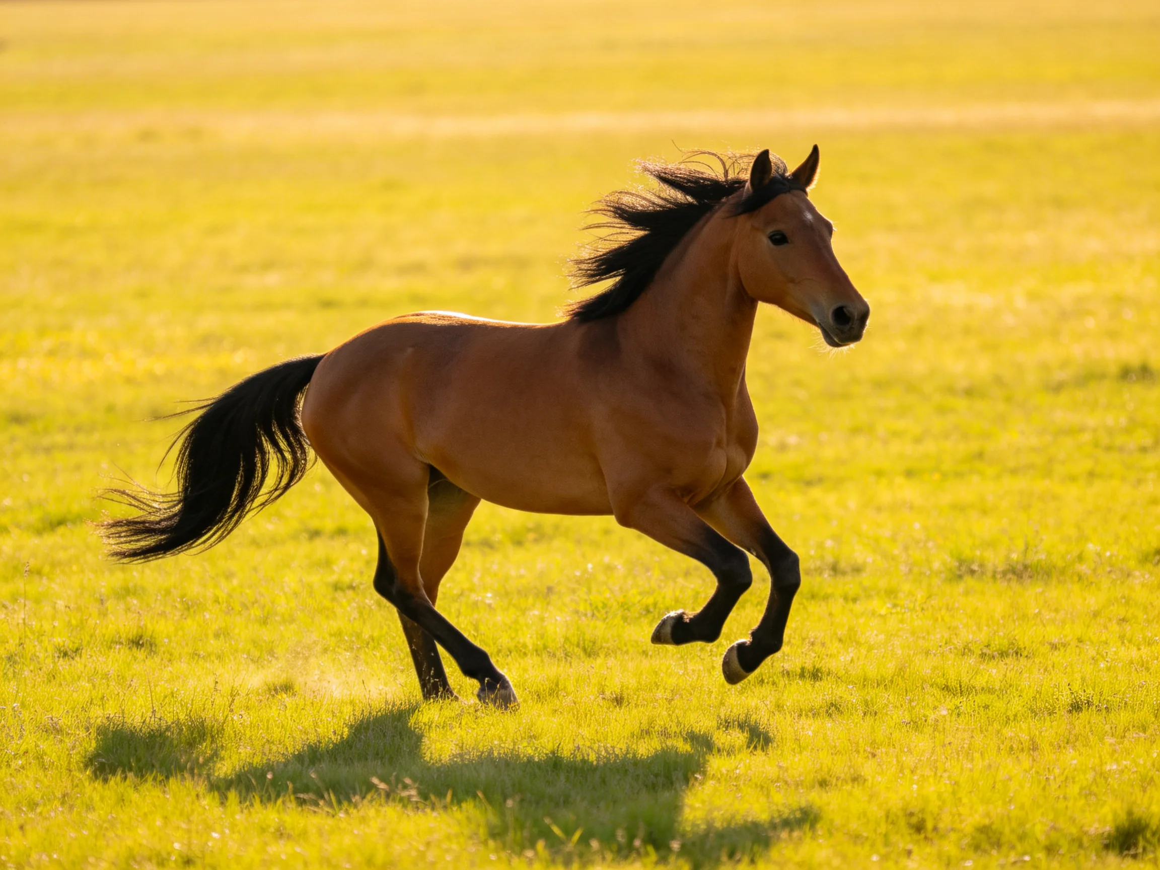 A chestnut horse galloping through a golden meadow