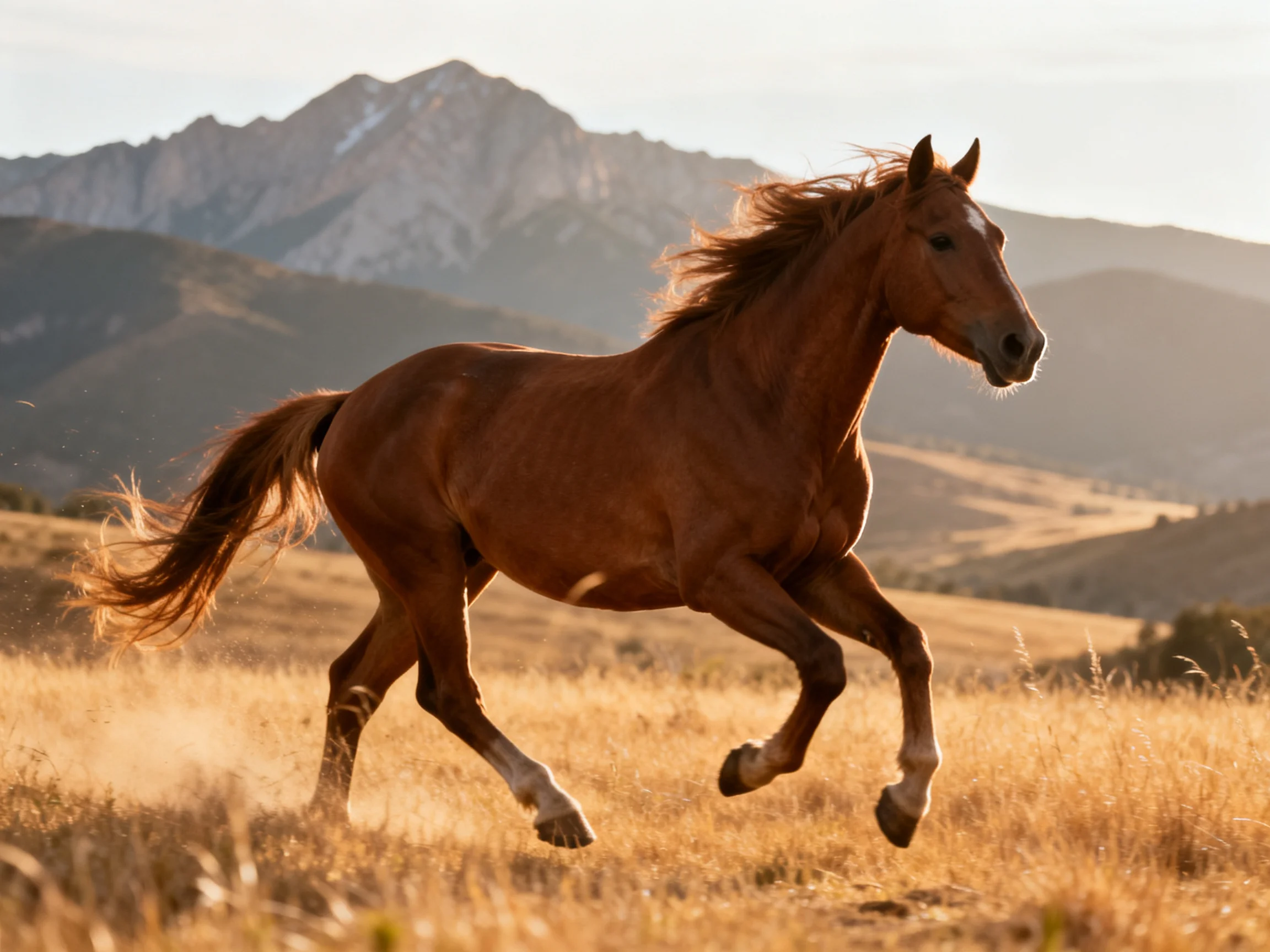 A brown horse gallops energetically in a sunlit meadow with distant mountains