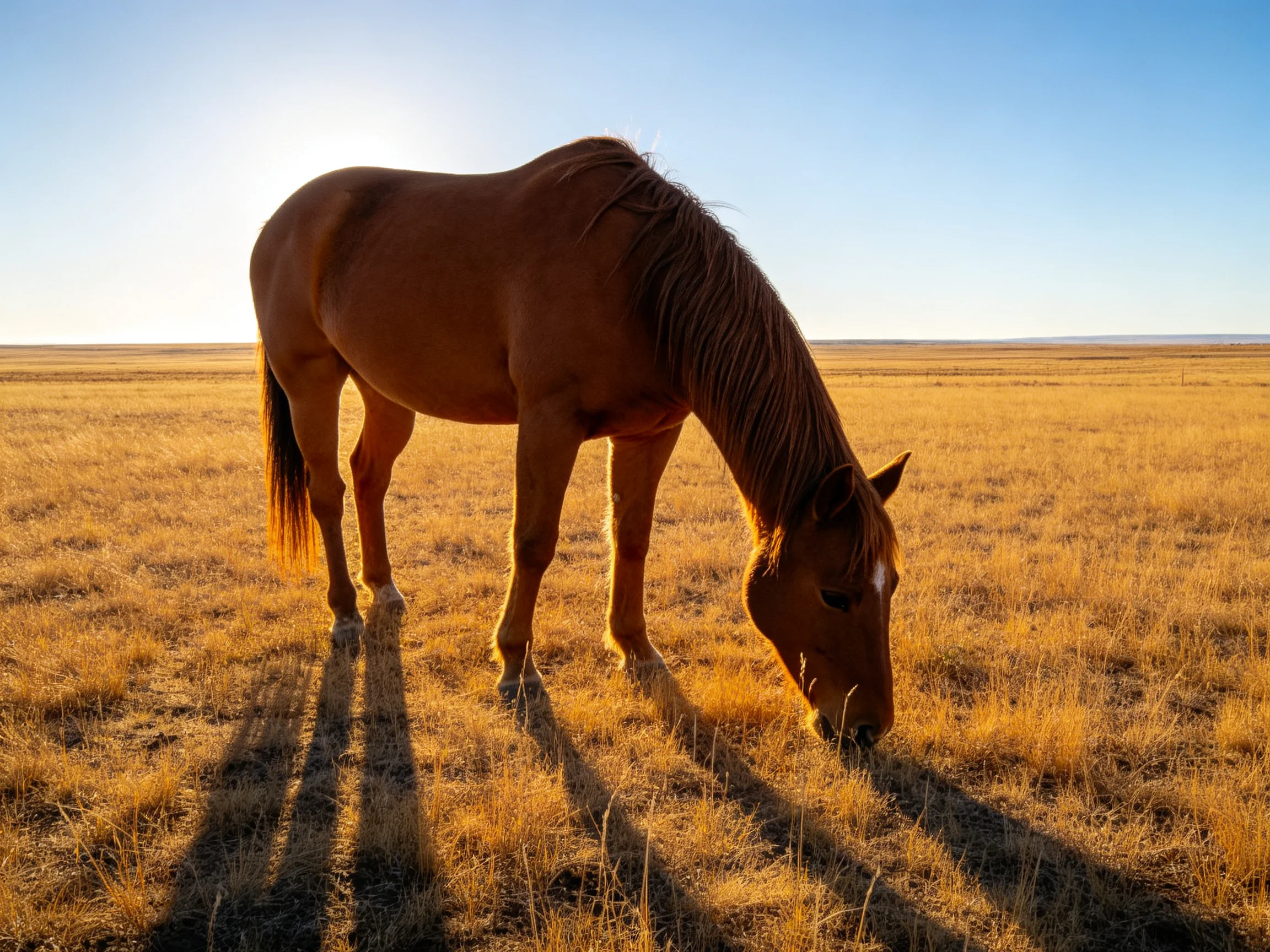 A chestnut horse grazes in a large open field of golden grass.