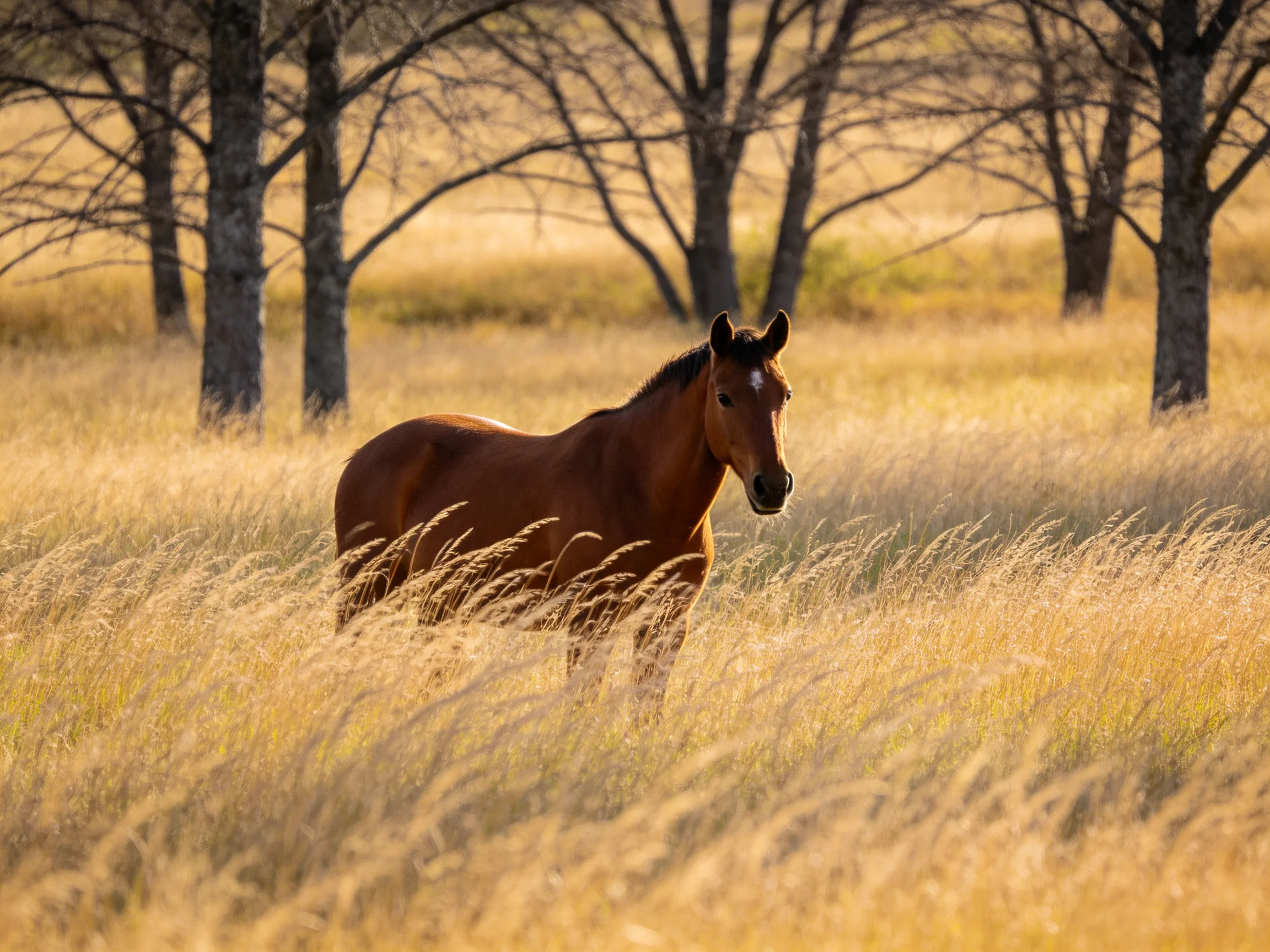 A chestnut horse stands in a golden grassy field with leafless trees.