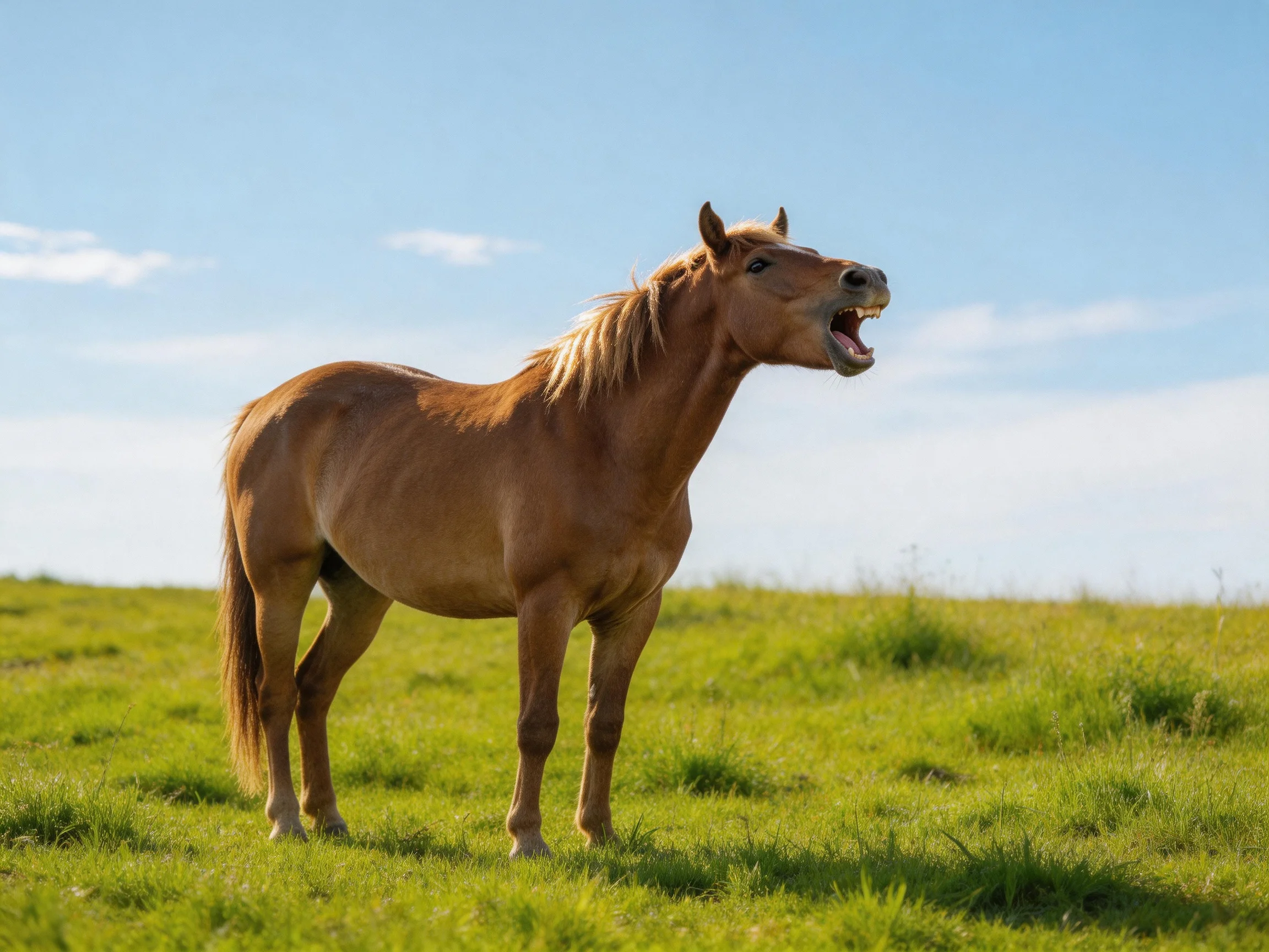 A chestnut horse stands in a sunlit green meadow.