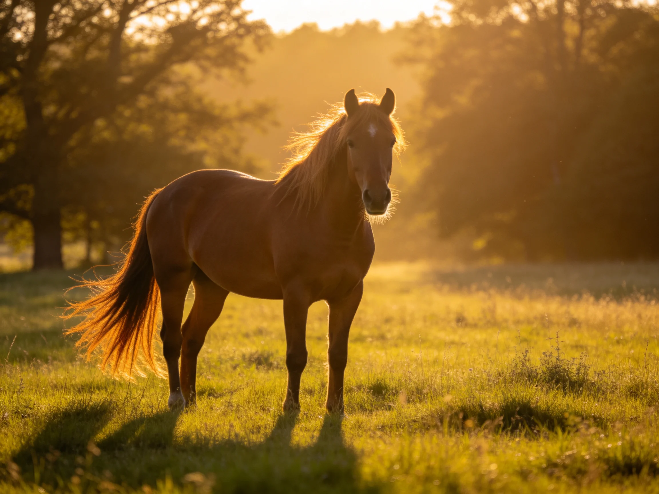 A chestnut horse stands in a sunlit meadow with trees in the background