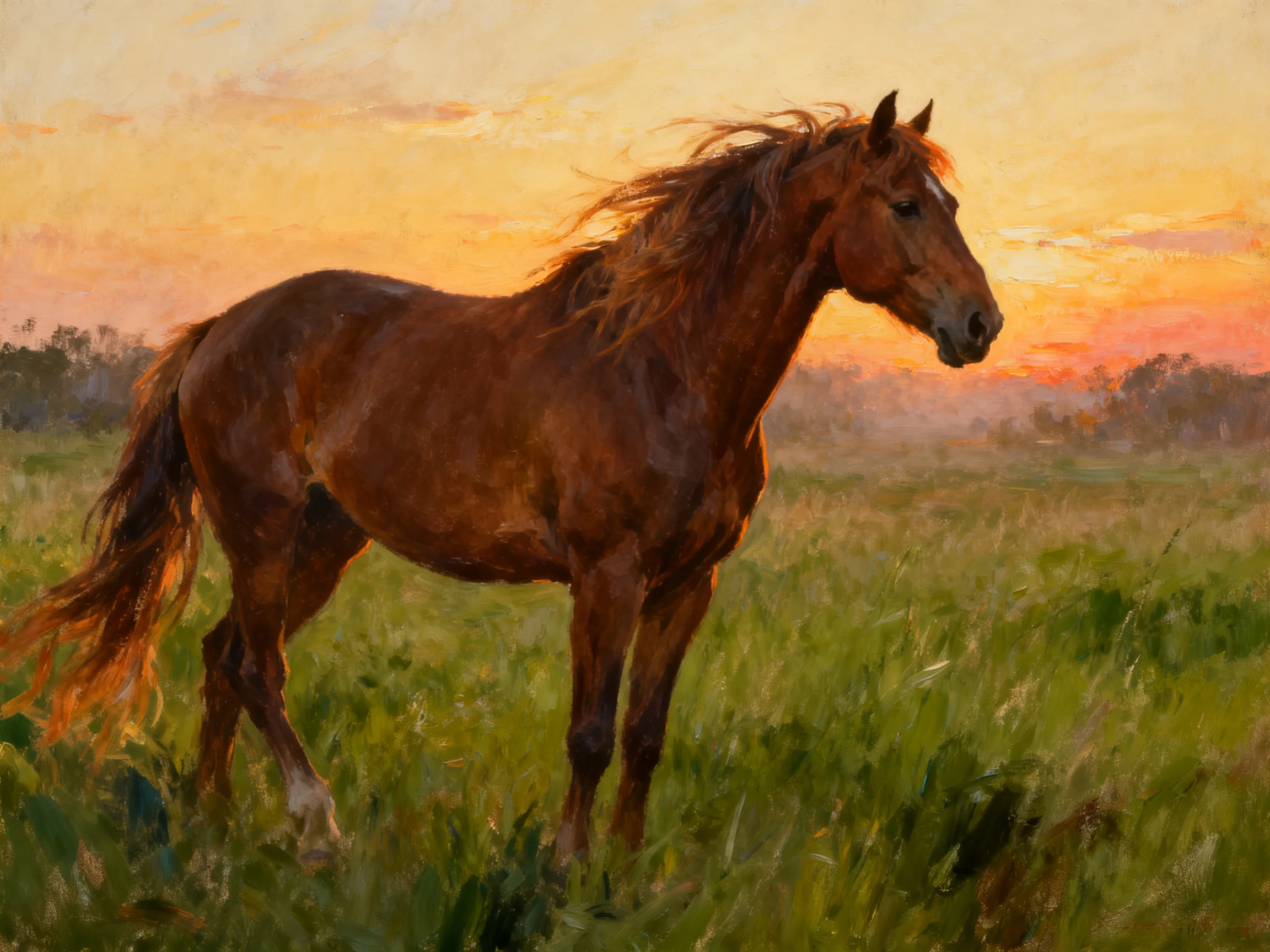 A chestnut horse stands in a verdant meadow under a glowing sunset sky