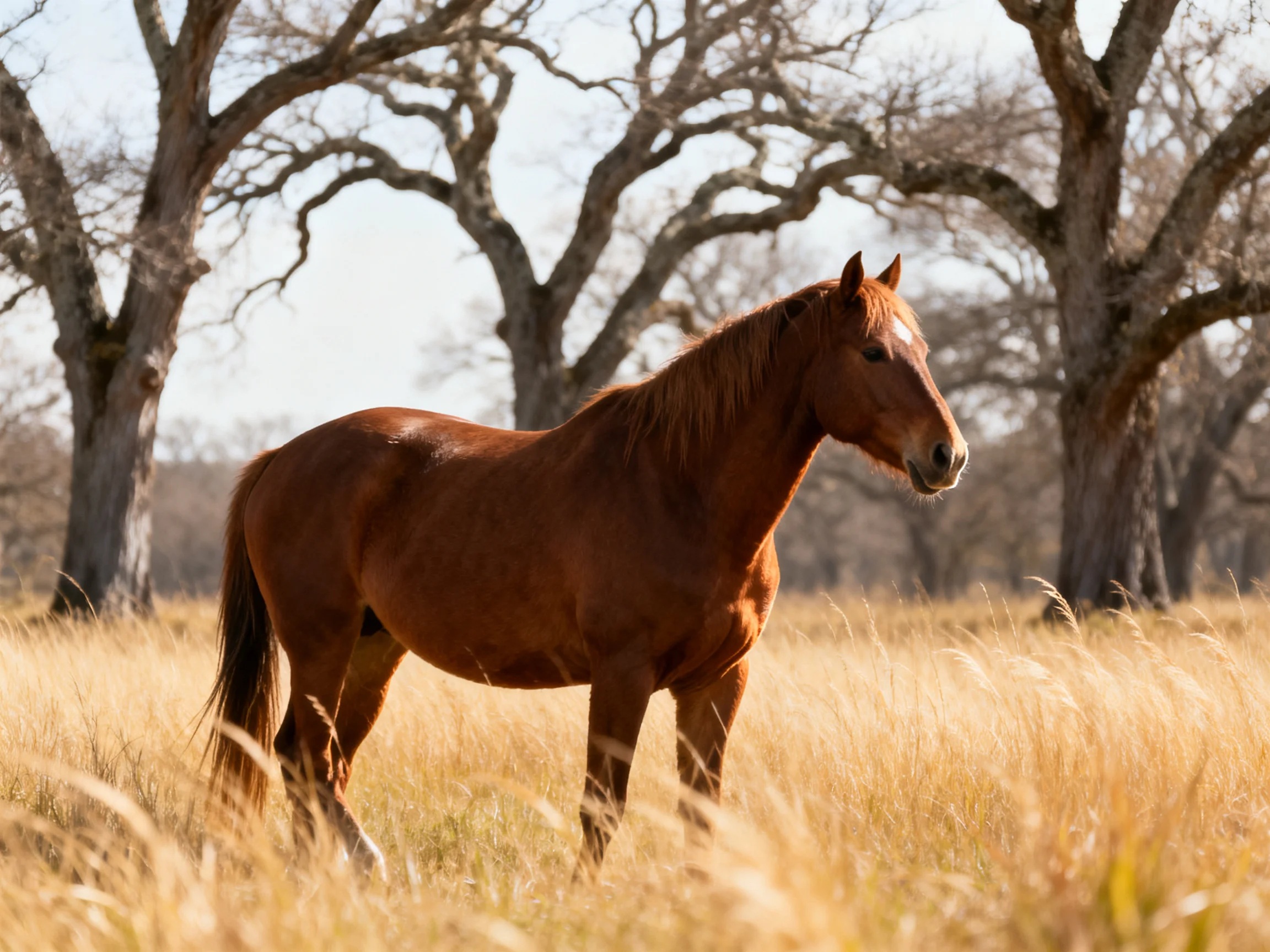 A chestnut horse stands in golden grass with leafless trees in thebackground.