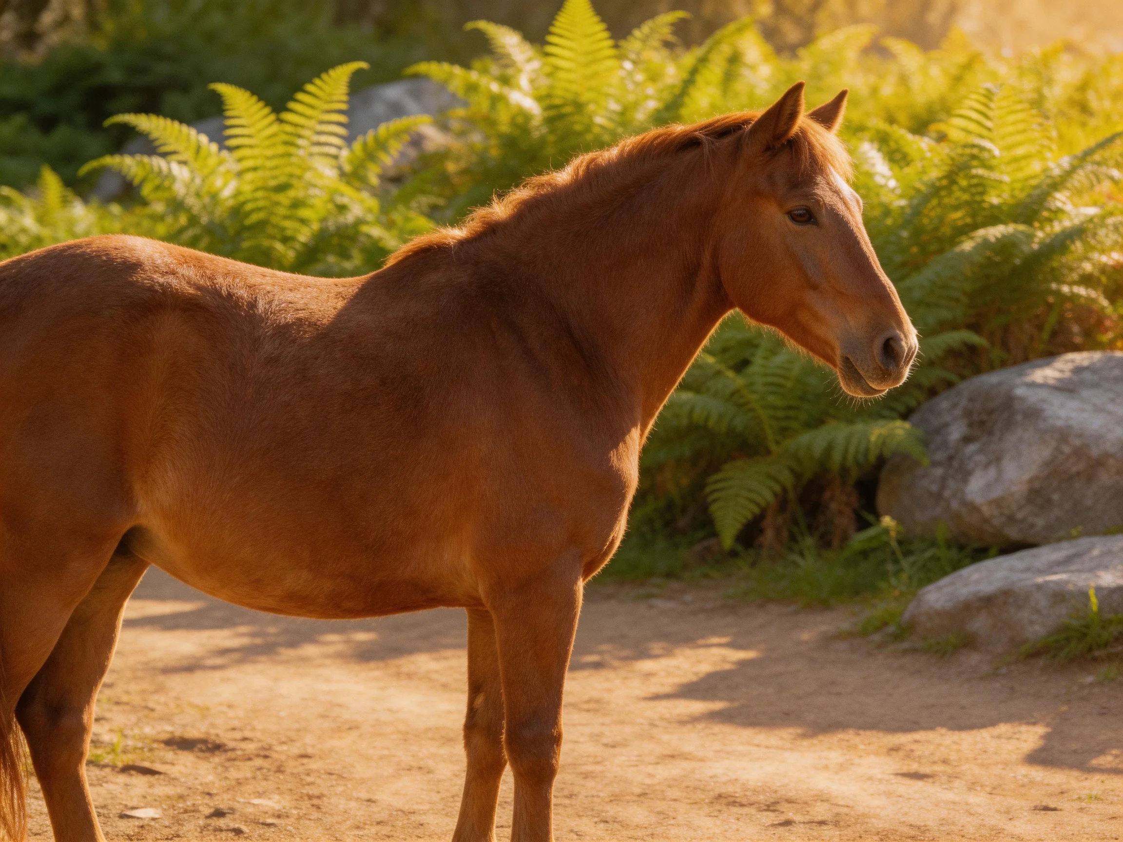 A chestnut horse stands peacefully amid ferns and rocks on a sunlit path.