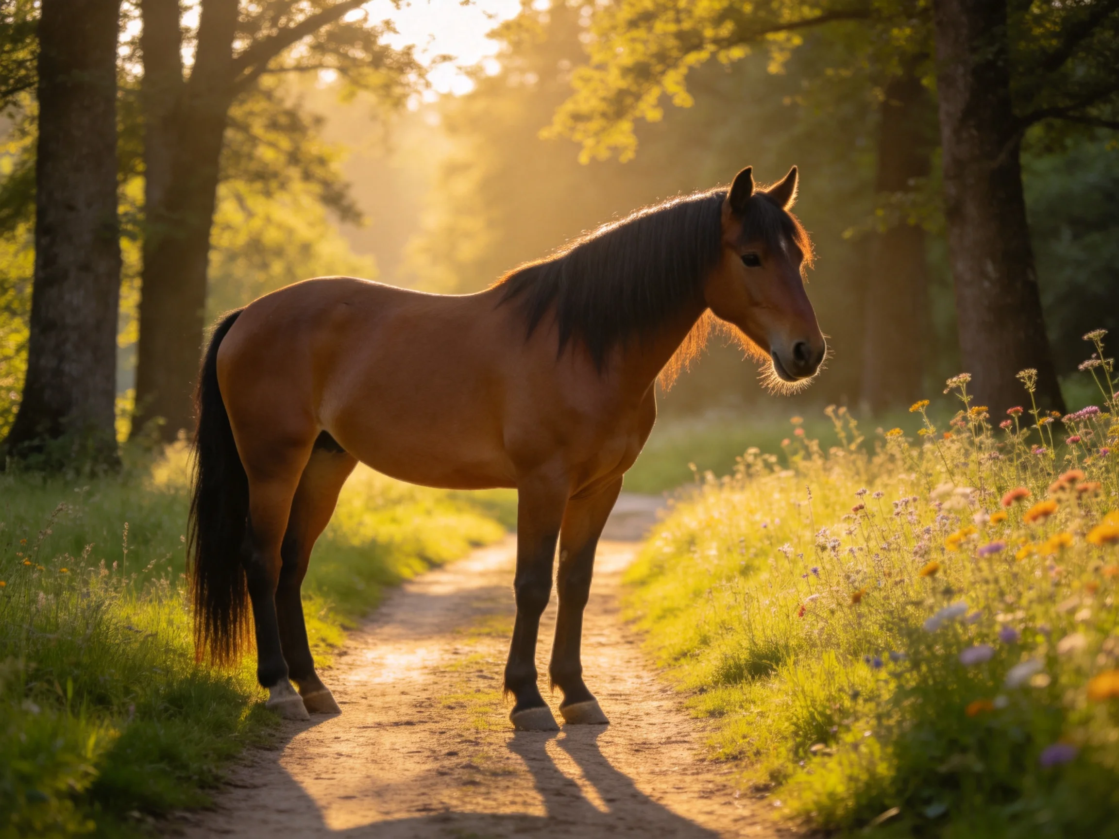 A chestnut horse stands on a sunlit forest path amid nature.
