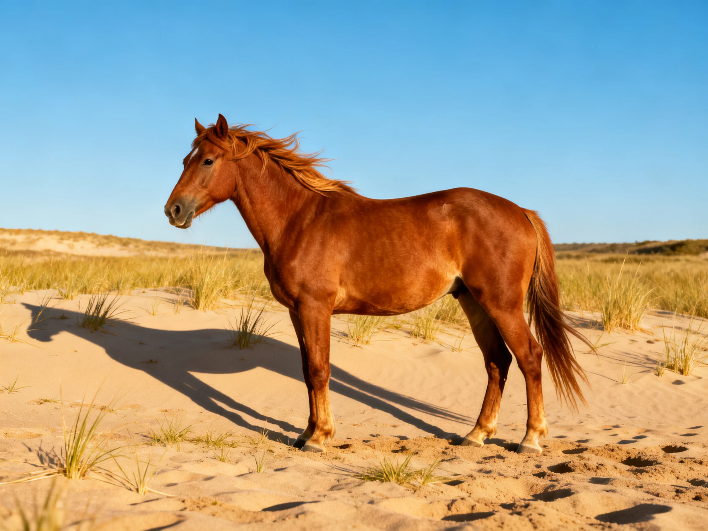 A chestnut horse stands on sandy terrain with sparse vegetation under a clear blue sky.