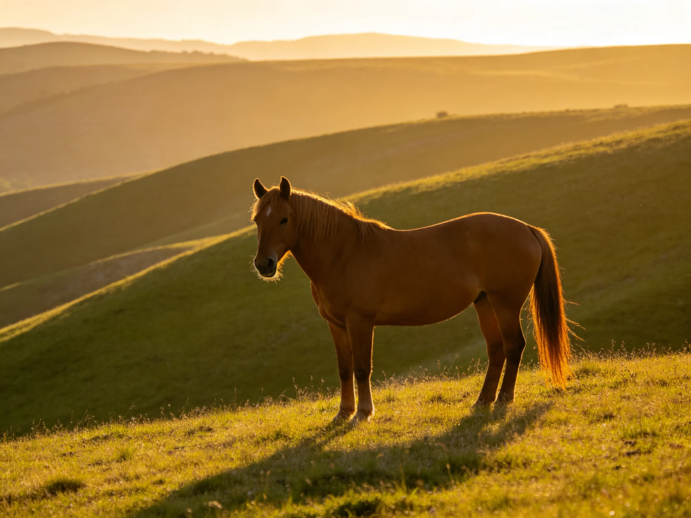 A single horse stands on rolling green hills bathed in golden sunlight.