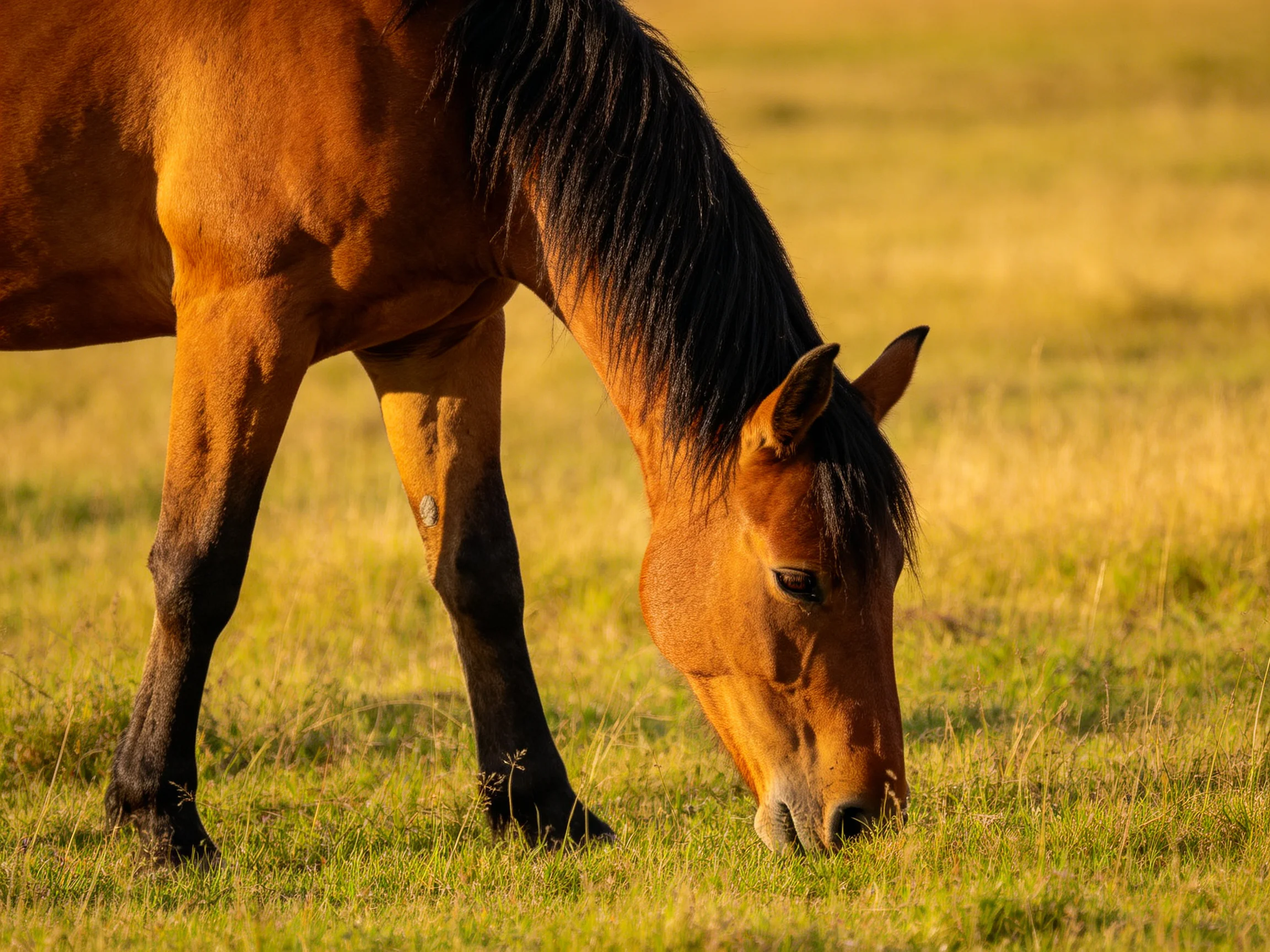A chestnut horse with a black mane grazes in a sunlit grassy field.