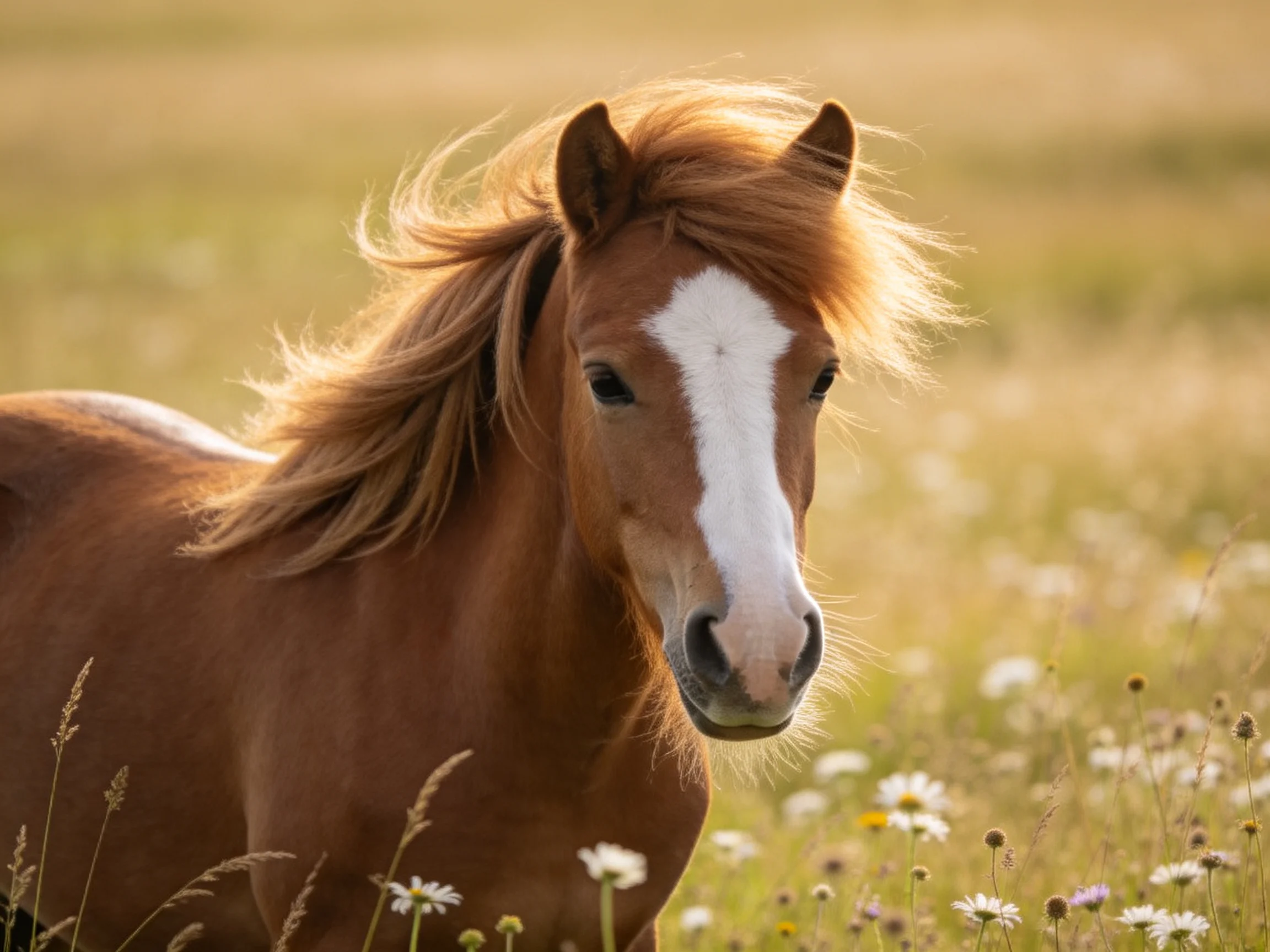 A chestnut horse with a white blaze stands among wildflowers in a sunlit meadow.