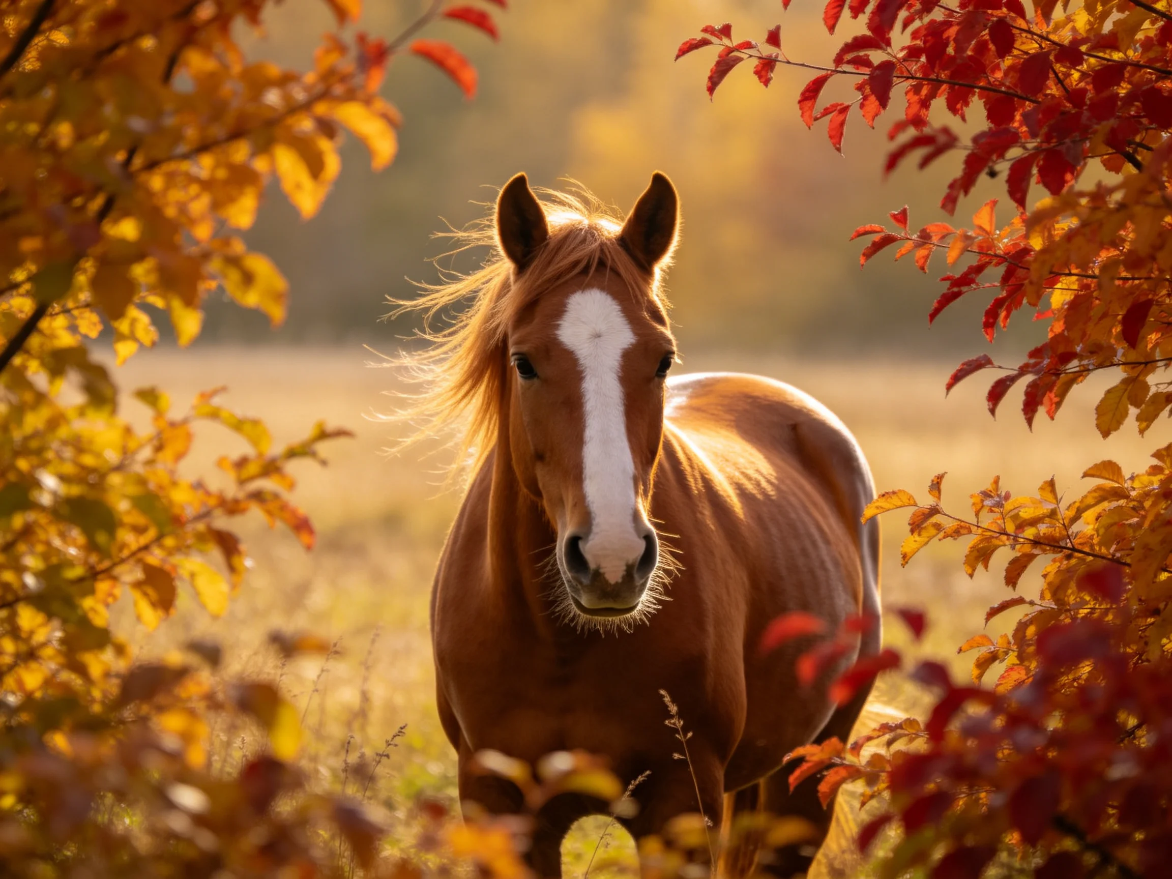 A chestnut horse with a white blaze stands among colorful autumn foliage in a sunlit meadow.