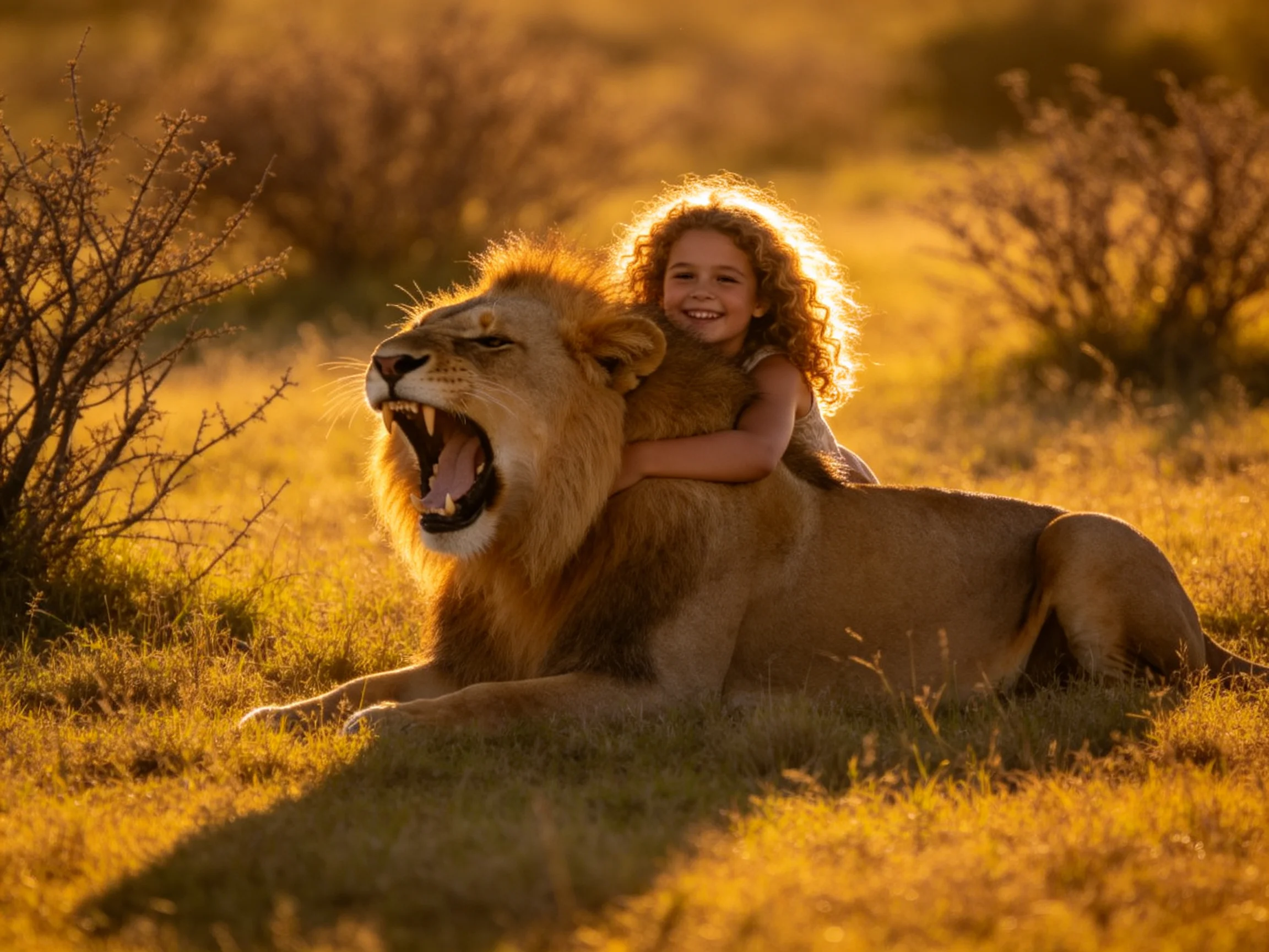 A child hugs a yawning lion in golden savannah grasslands