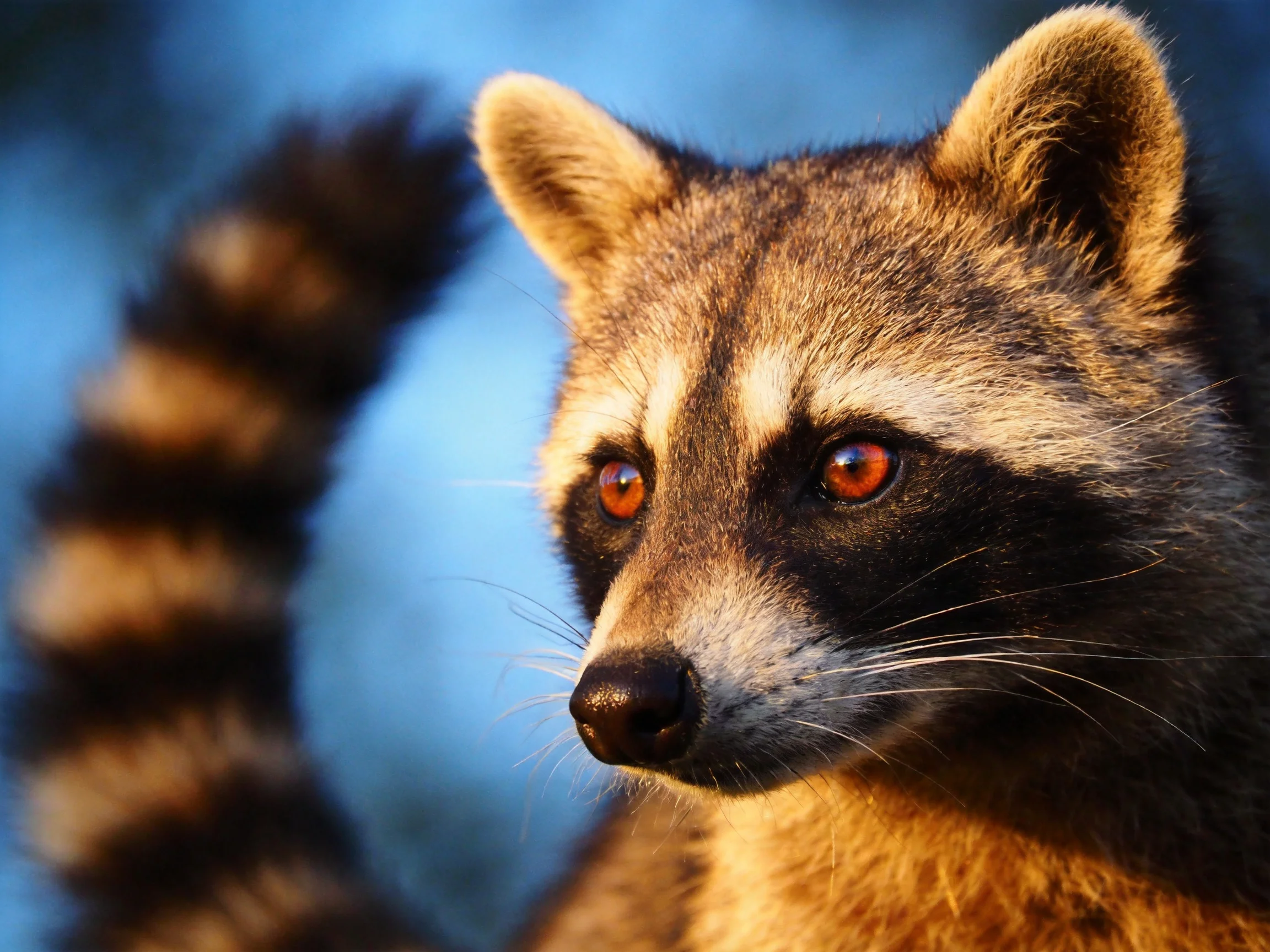 A close - of a raccoon with black facial markings and striped tail