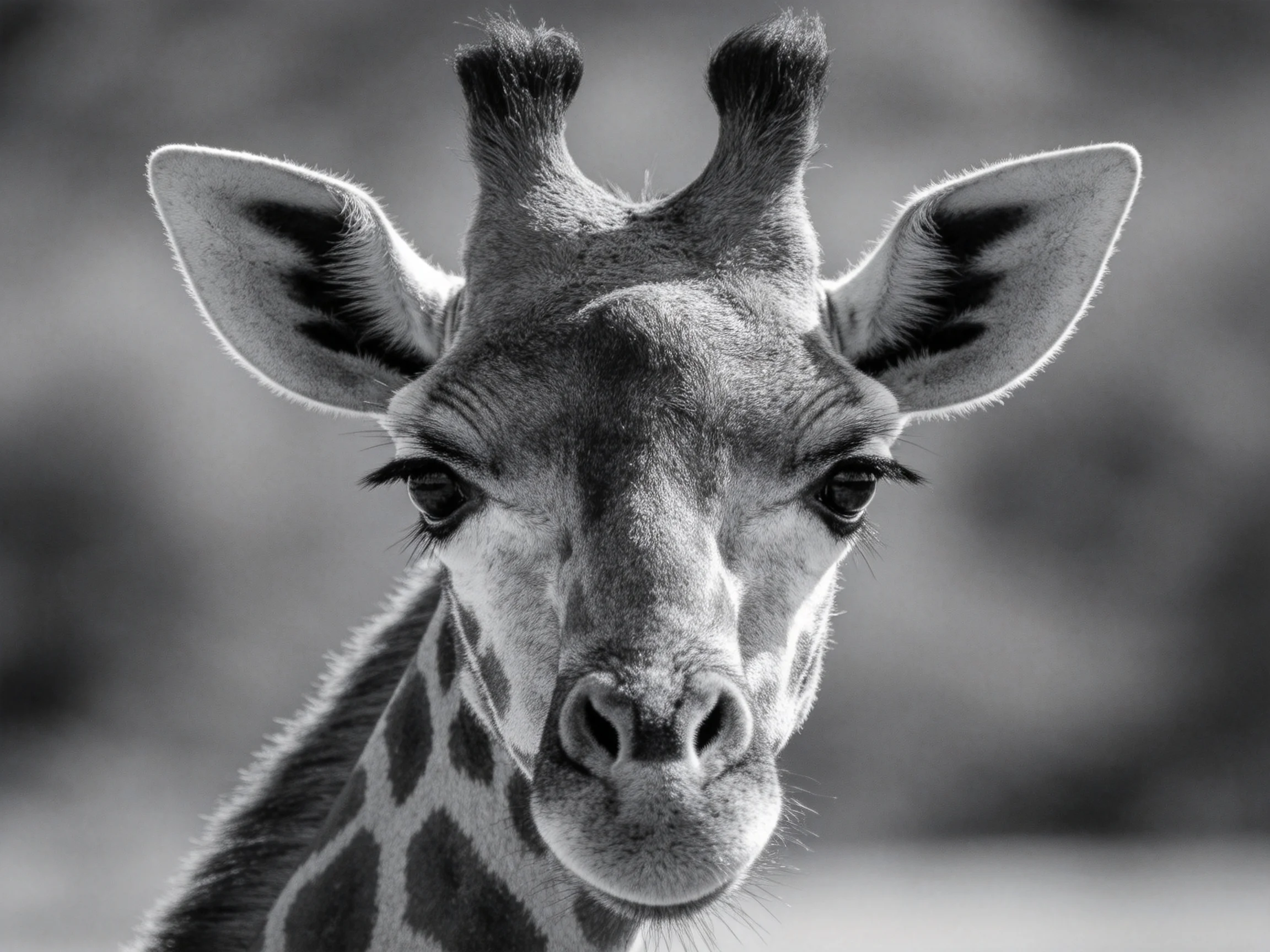 A black - and - white close - up shows a young giraffe with prominent ossicones.