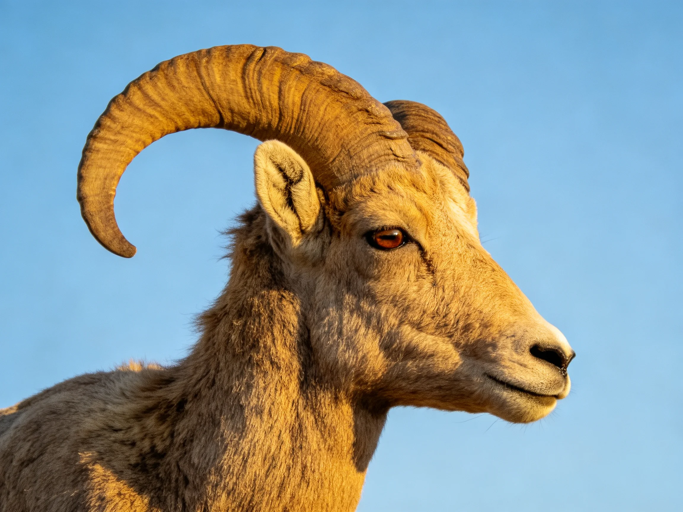 A bighorn sheep with prominent curved horns is shown against a clear blue sky.